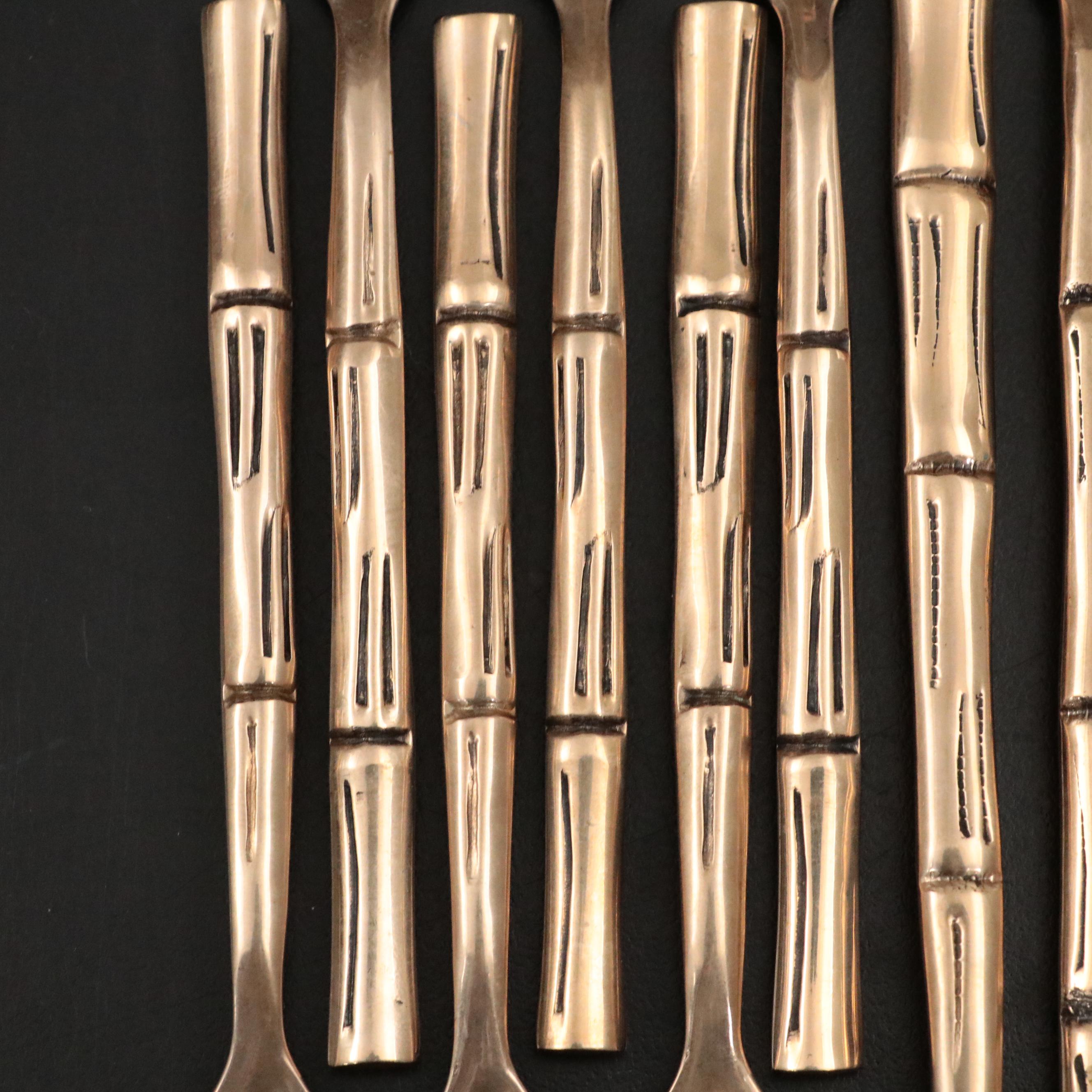 Brass and Gilt Stainless Steel Flatware with Bamboo Textured Handles