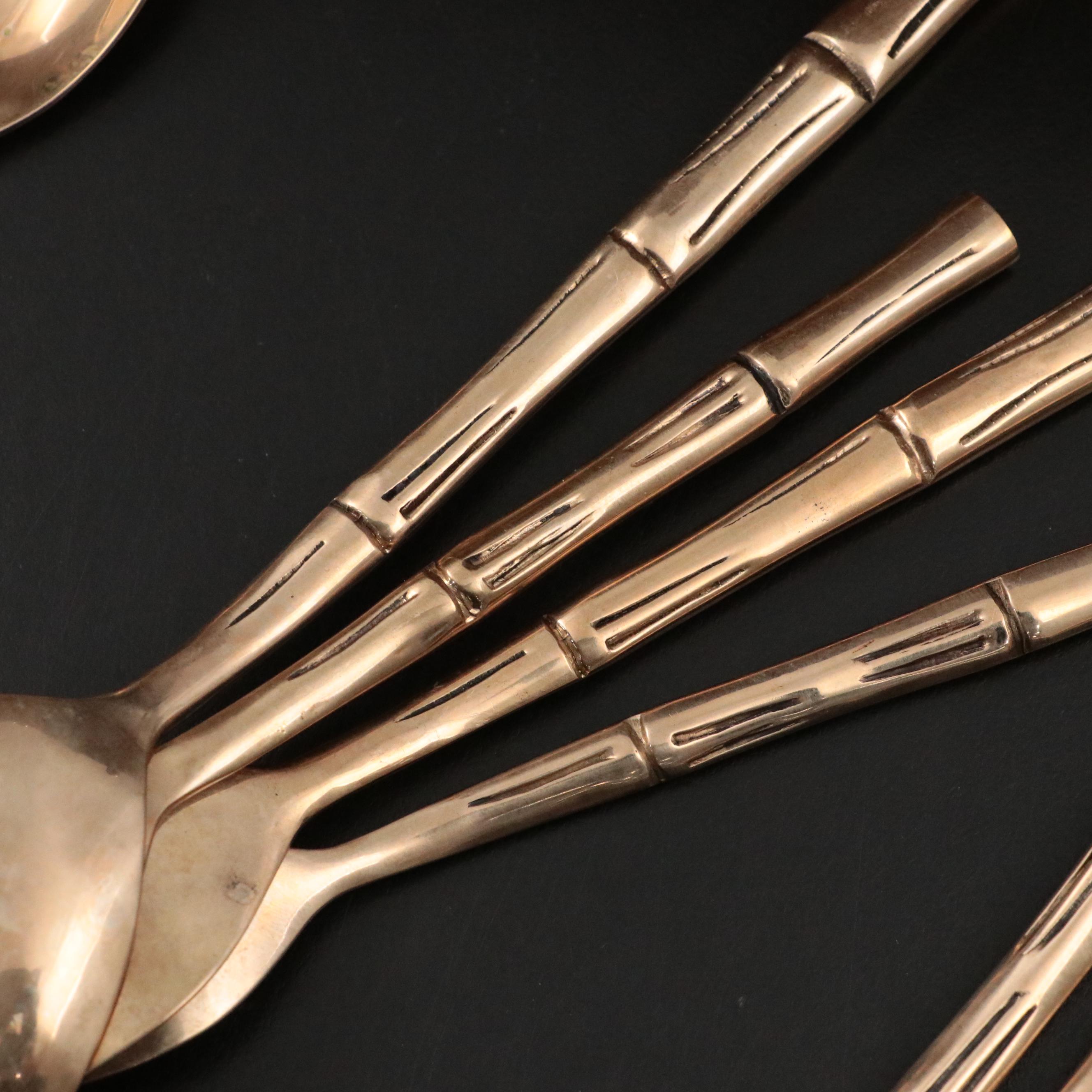 Brass and Gilt Stainless Steel Flatware with Bamboo Textured Handles
