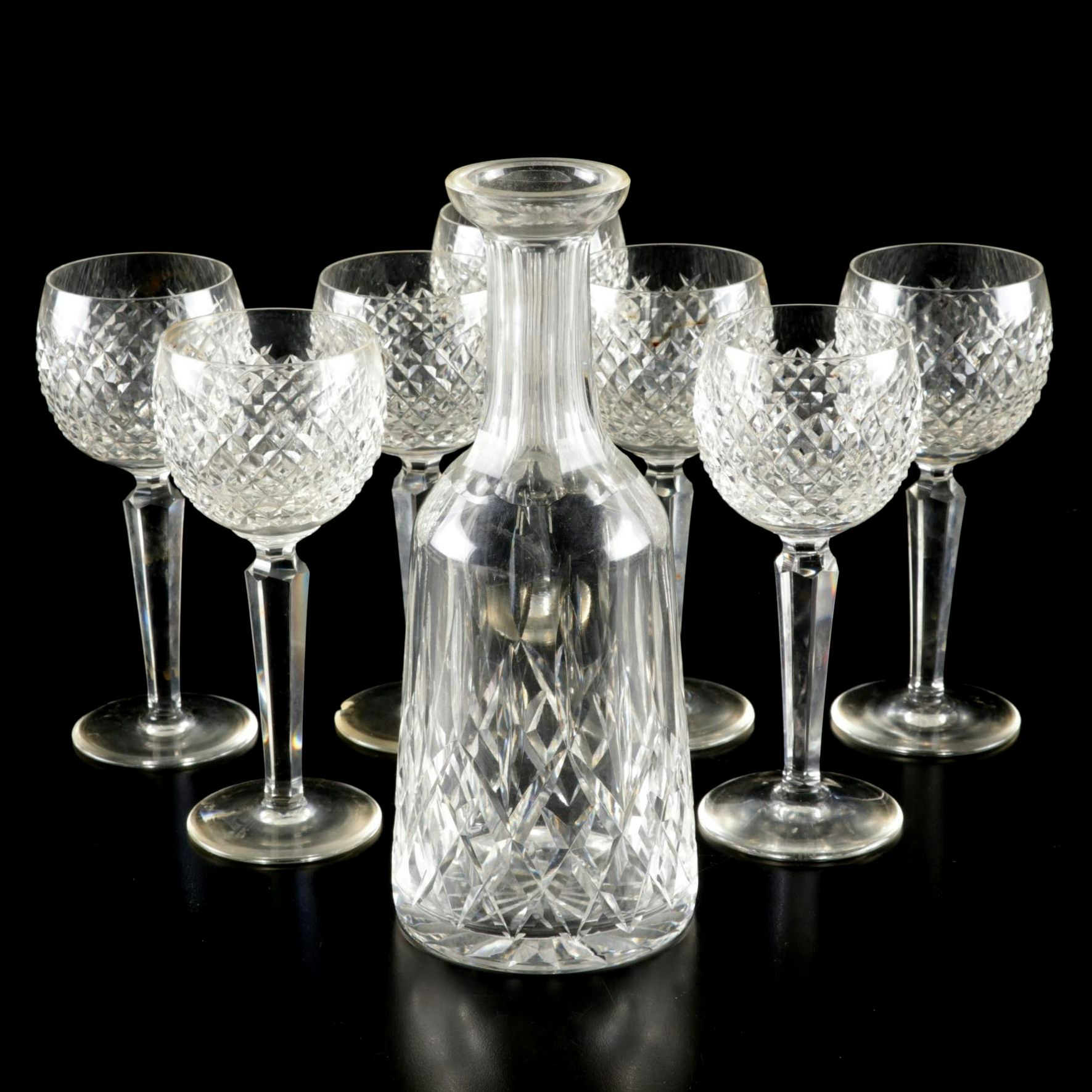Waterford "Lismore" Crystal Decanter with Seven Crystal Wine Hocks