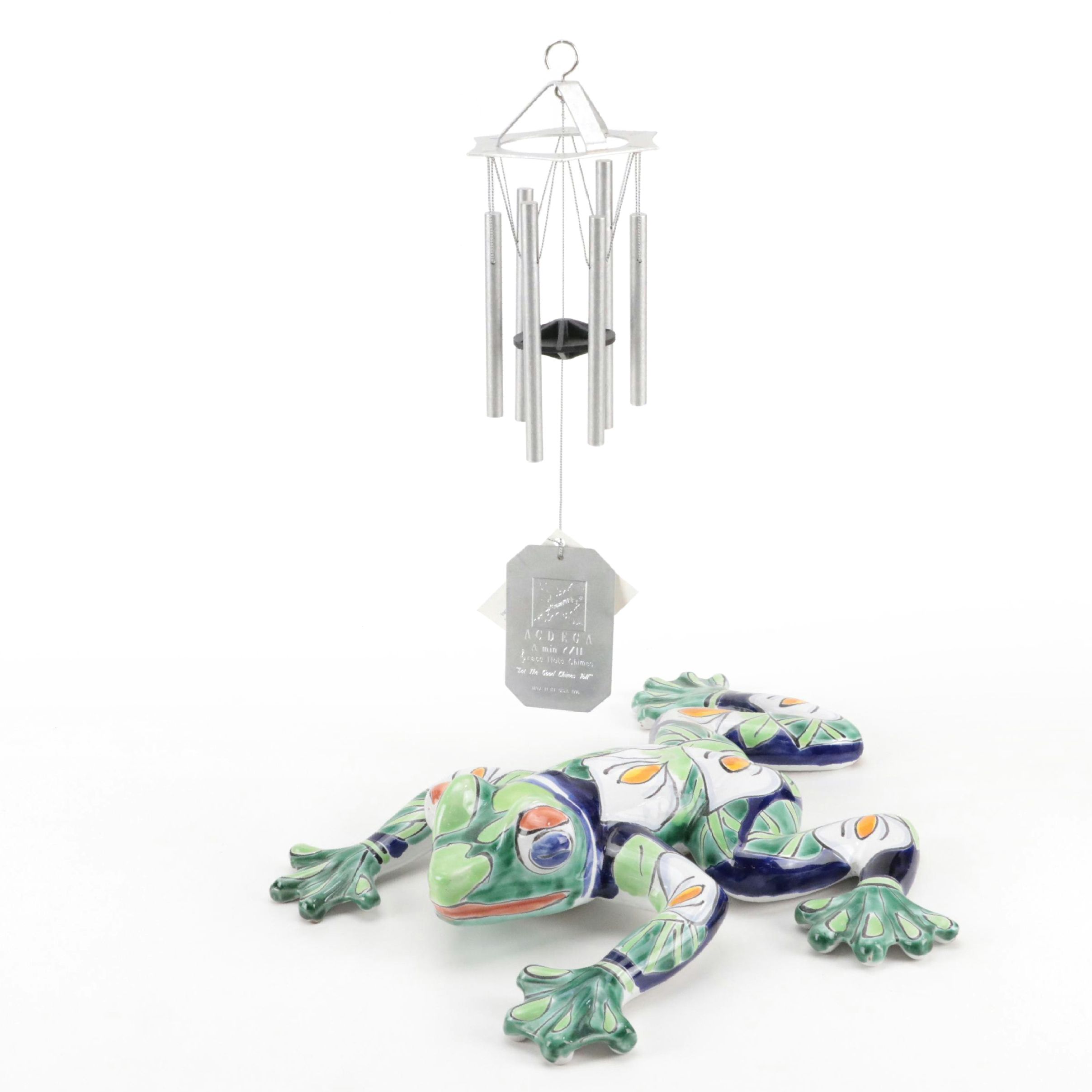 Talavera Mexican Ceramic Frog With Grace Note Metal Wind Chimes