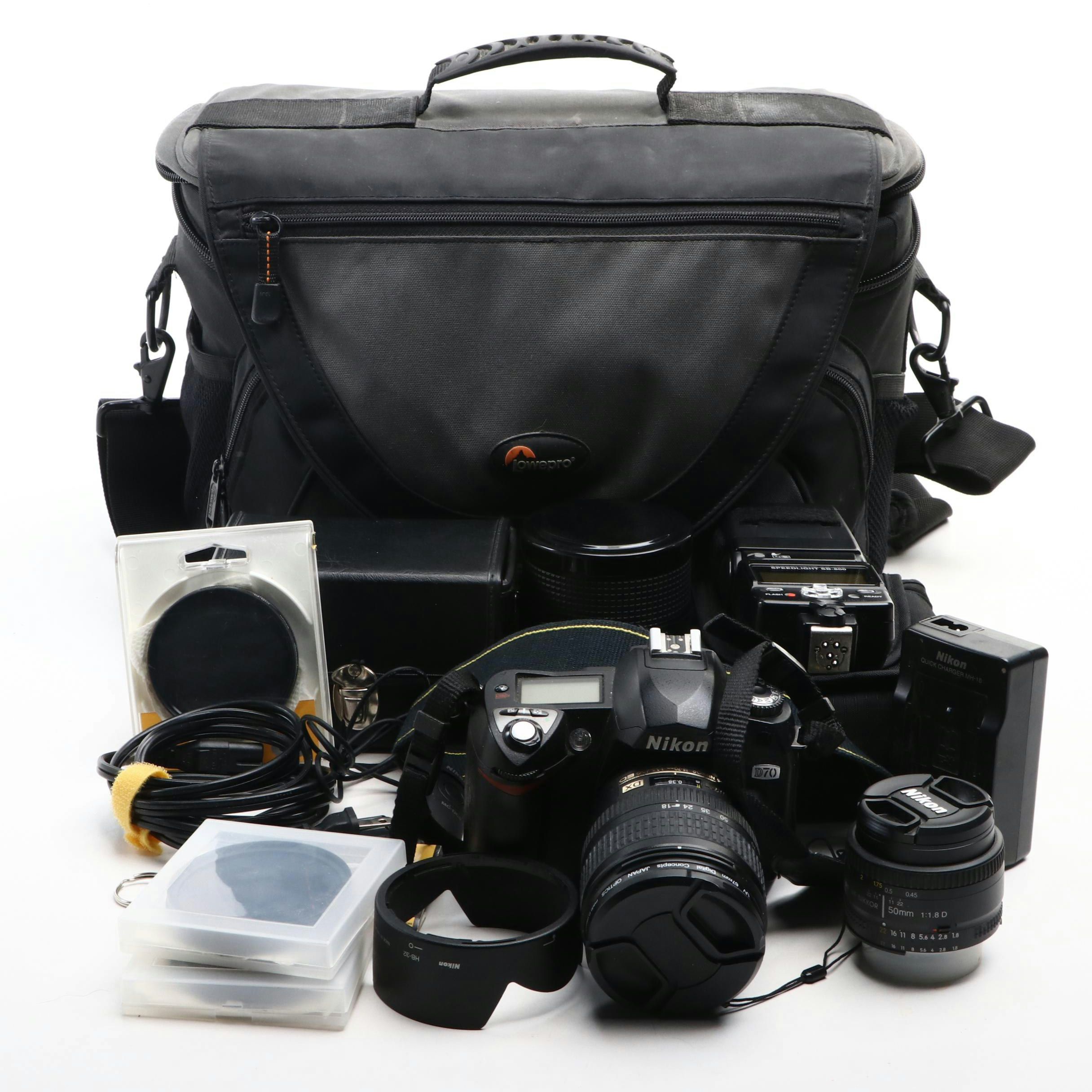 Nikon D70 Digital Camera with Flash, Lens, Bag and More