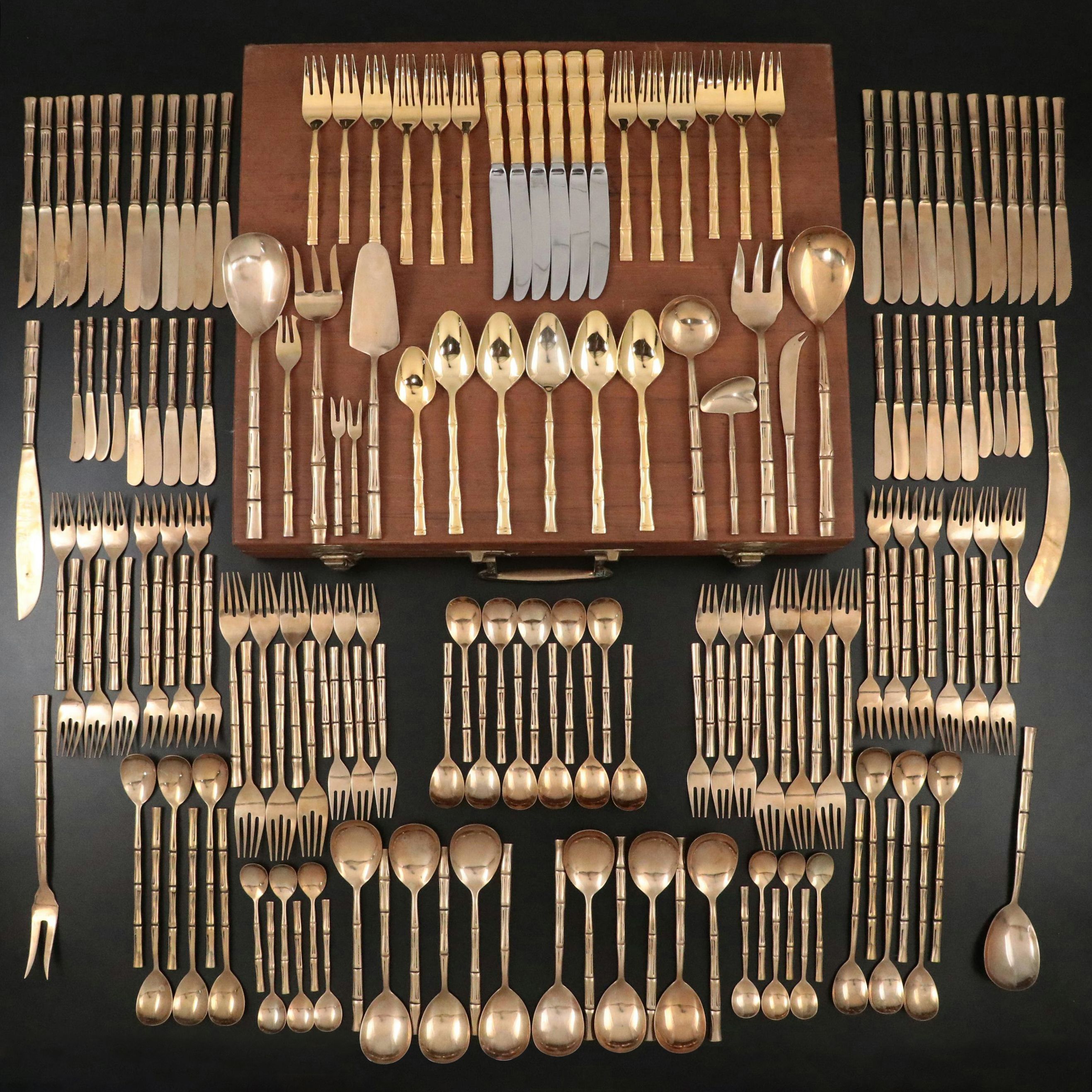 Brass and Gilt Stainless Steel Flatware with Bamboo Textured Handles