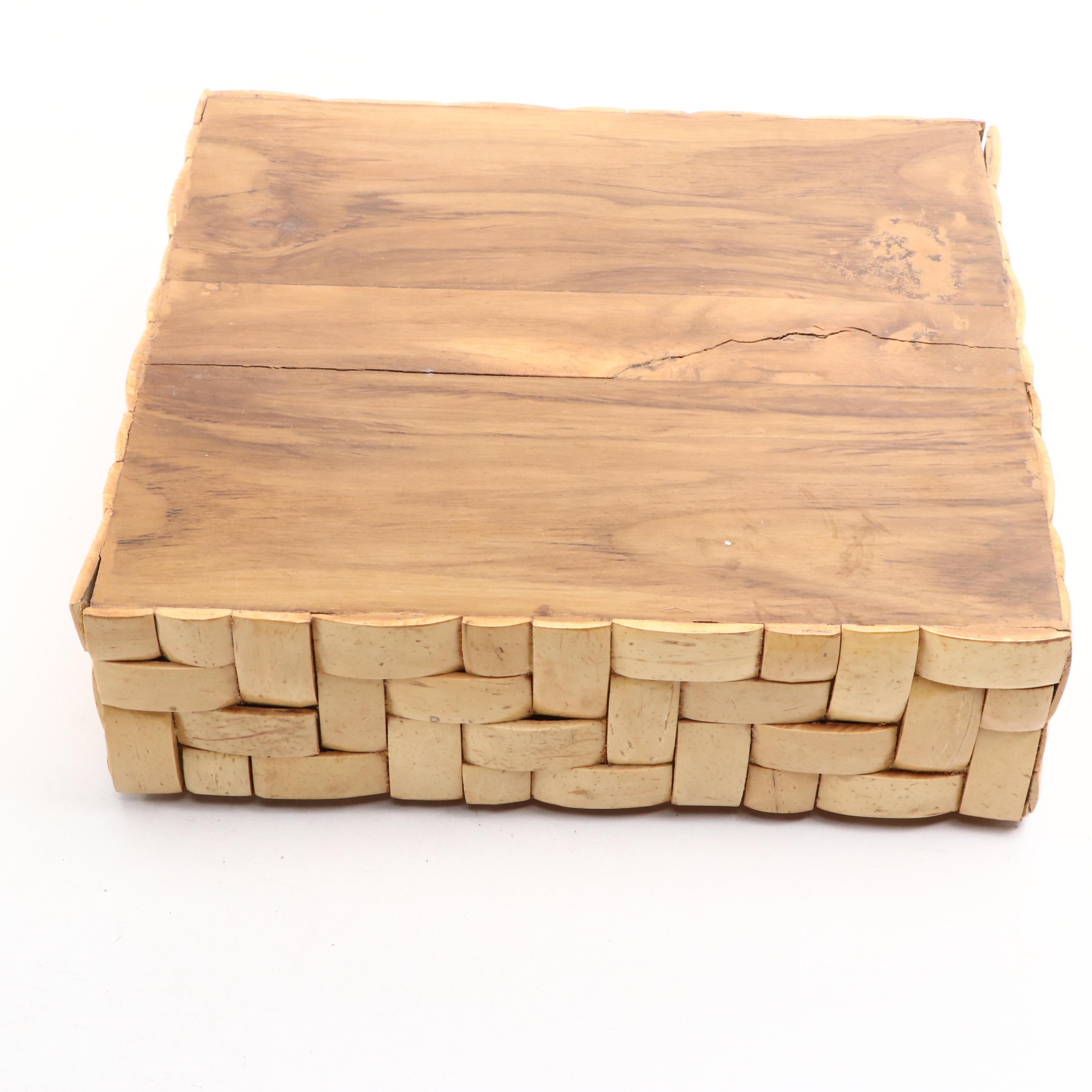 Levenger Finished Wood Storage Box with Woven Motif Wood Decorative Box