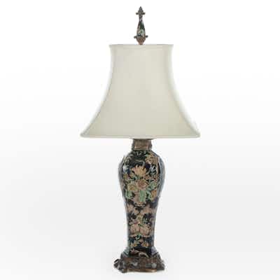 Vintage Castilian Black Floral Ceramic Brass Tall Chinoiserie Table Lamp  Black Shade