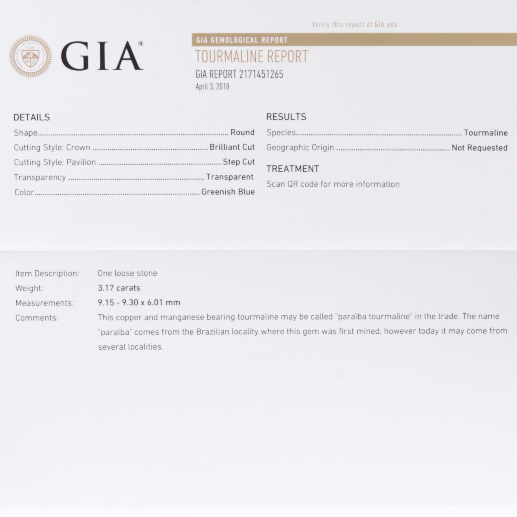 Loose 3.17 CT Paraiba Tourmaline with GIA Report