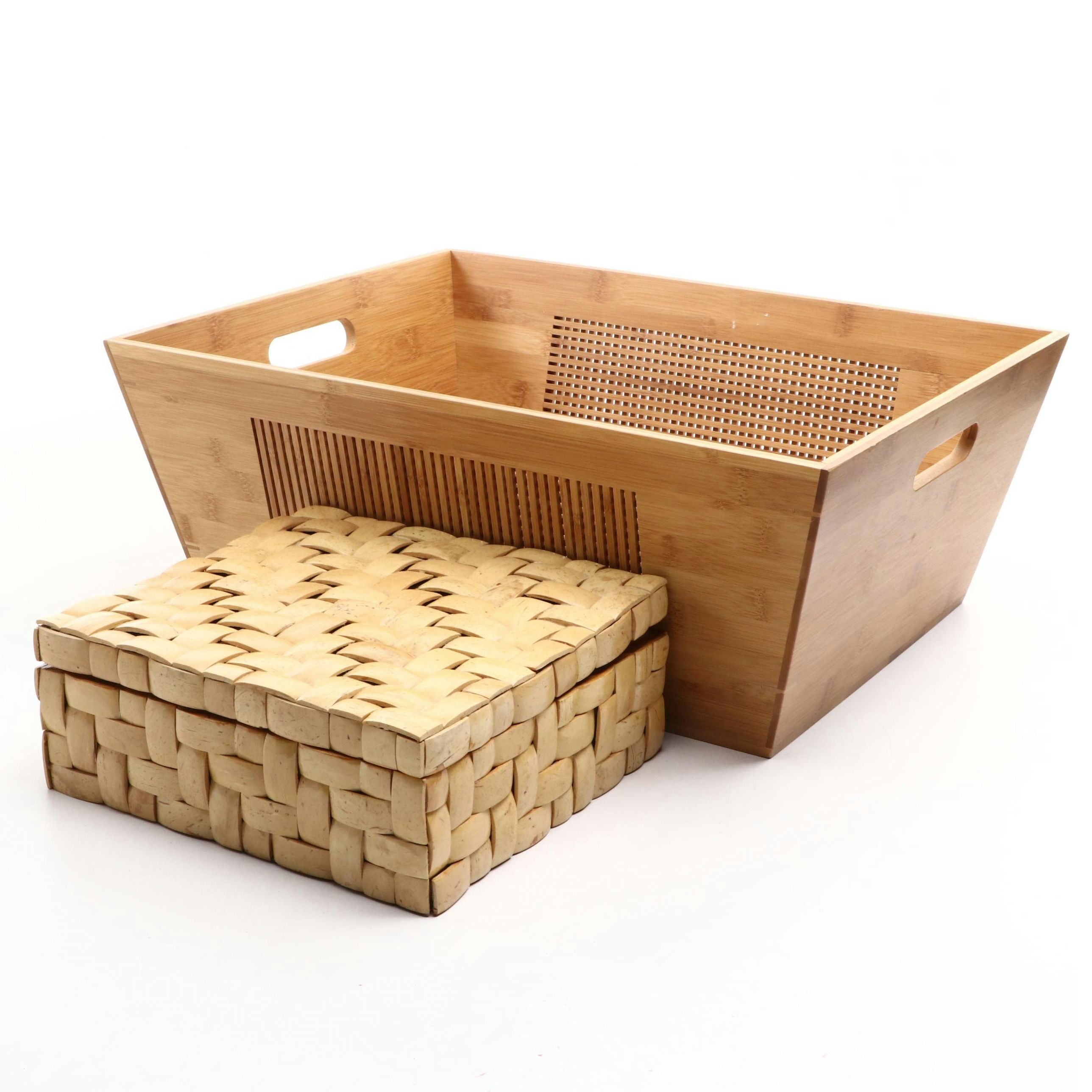 Levenger Finished Wood Storage Box with Woven Motif Wood Decorative Box