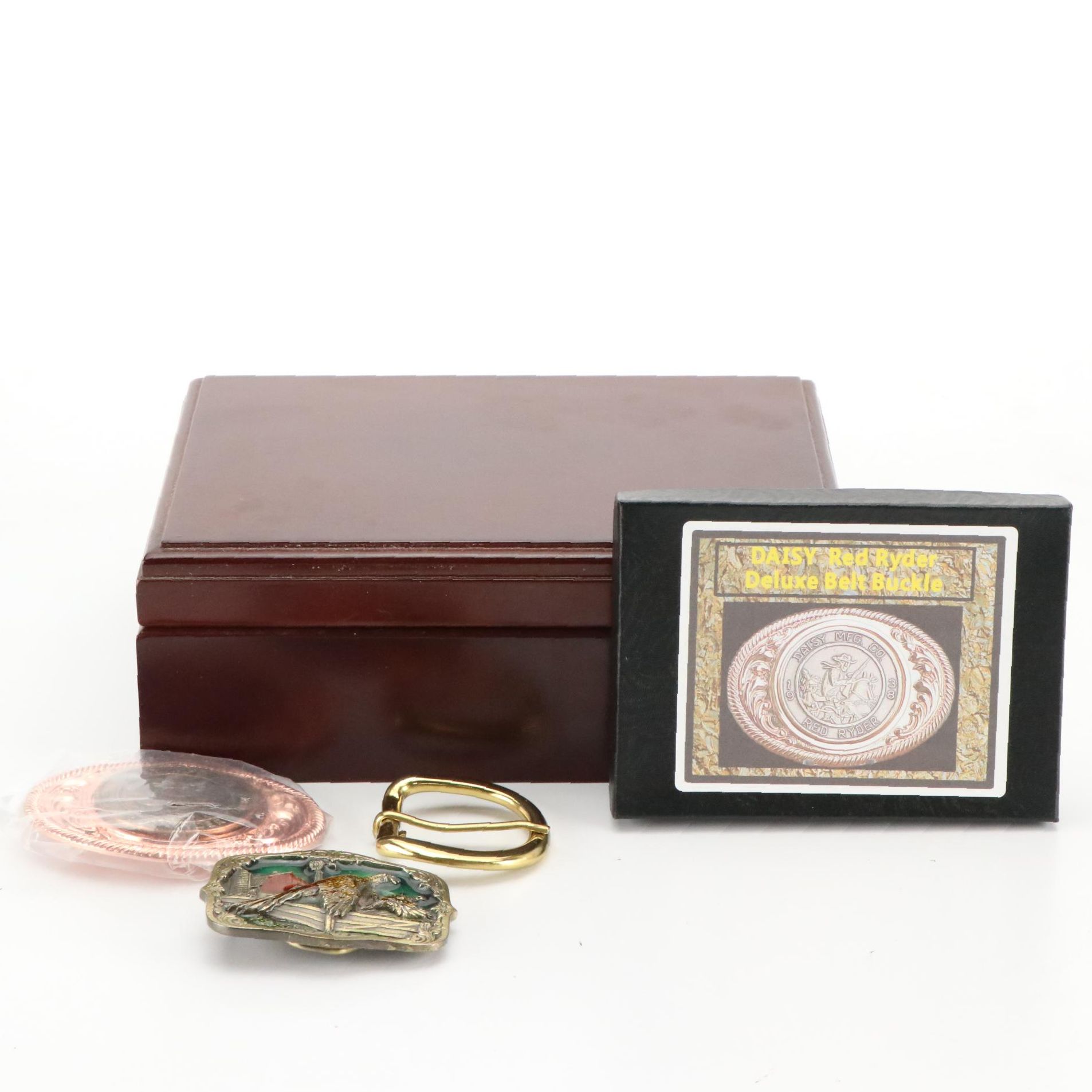 Daisy Red Ryder Copper Finish Belt Buckle and Other Belt Buckles with Wooden Box