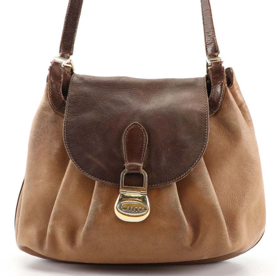 Gucci Rare Vintage Gathered Two-Tone Brown Leather Shoulder Bag