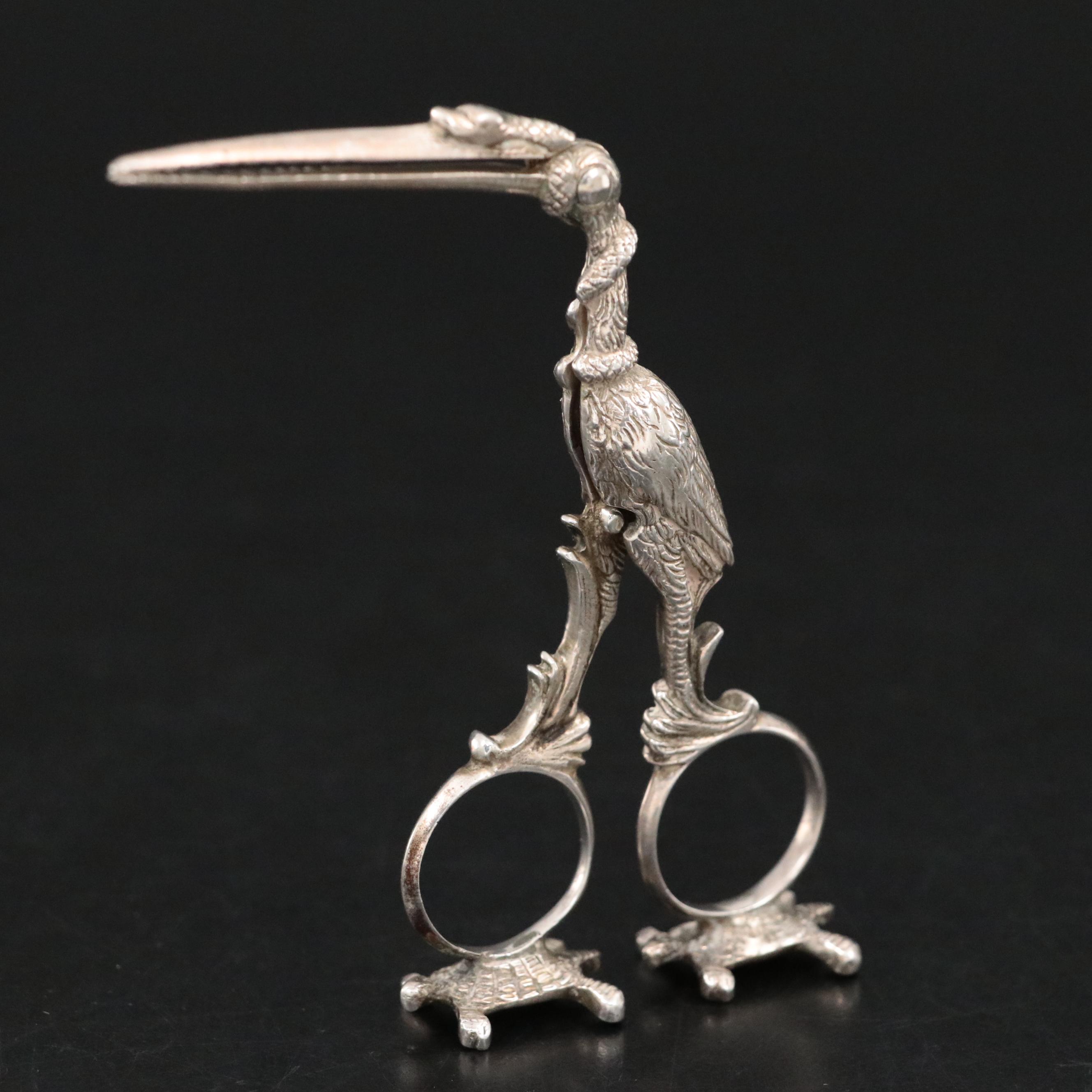 European 800 Silver Stork Umbilical Clamp, 19th Century
