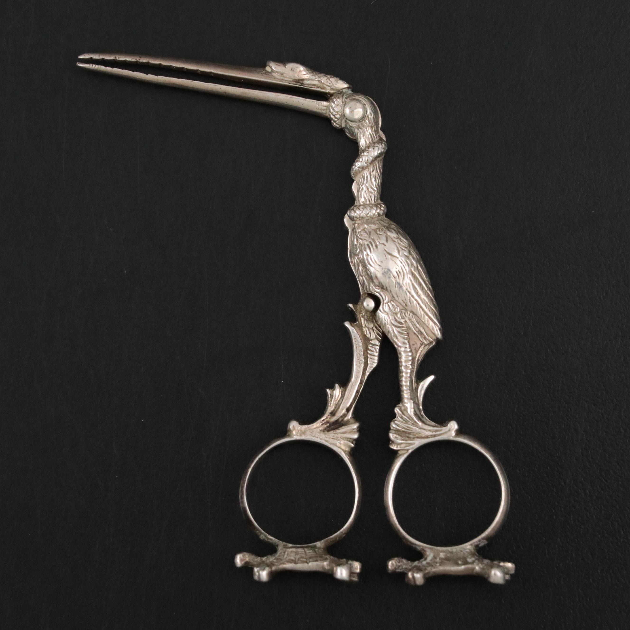 European 800 Silver Stork Umbilical Clamp, 19th Century