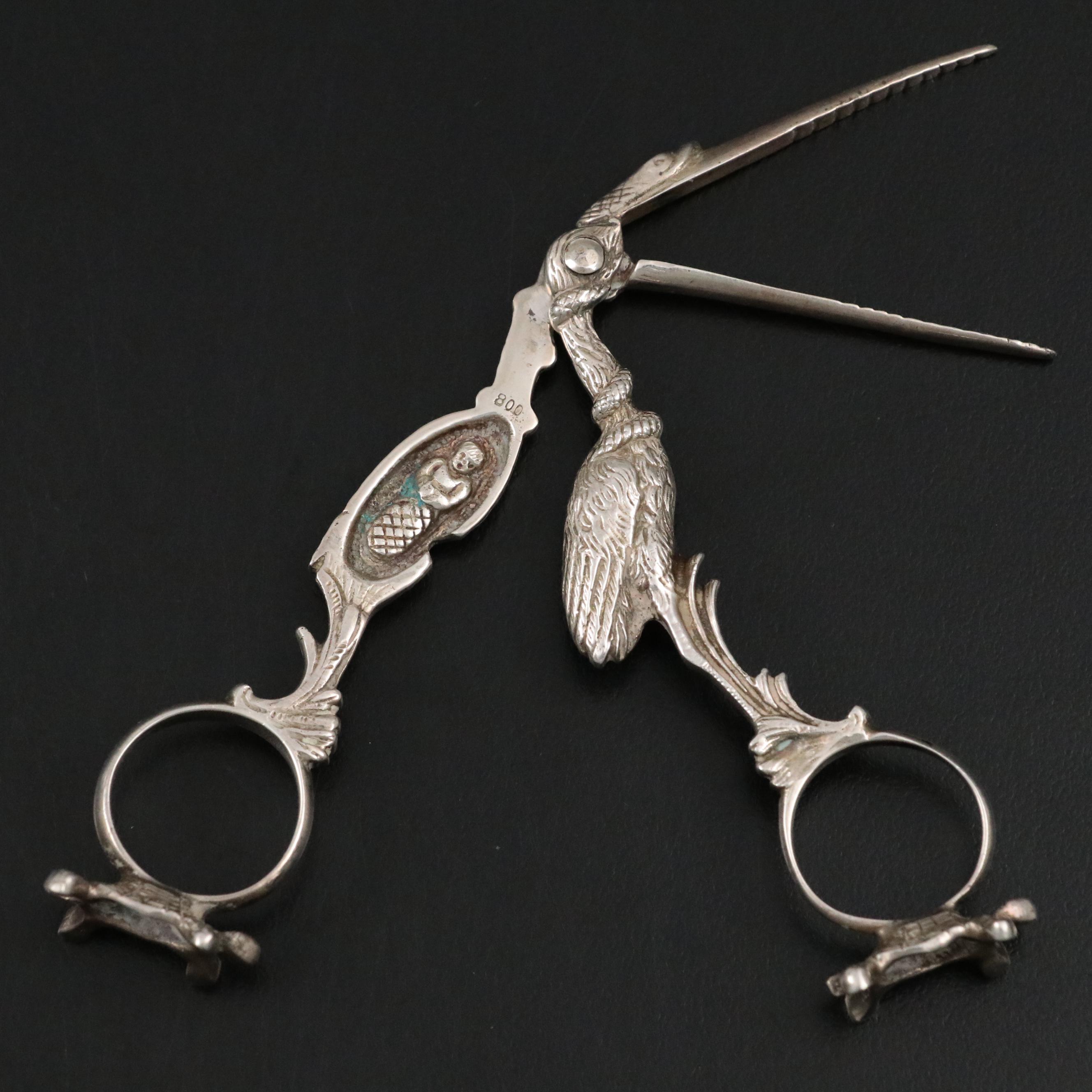 European 800 Silver Stork Umbilical Clamp, 19th Century