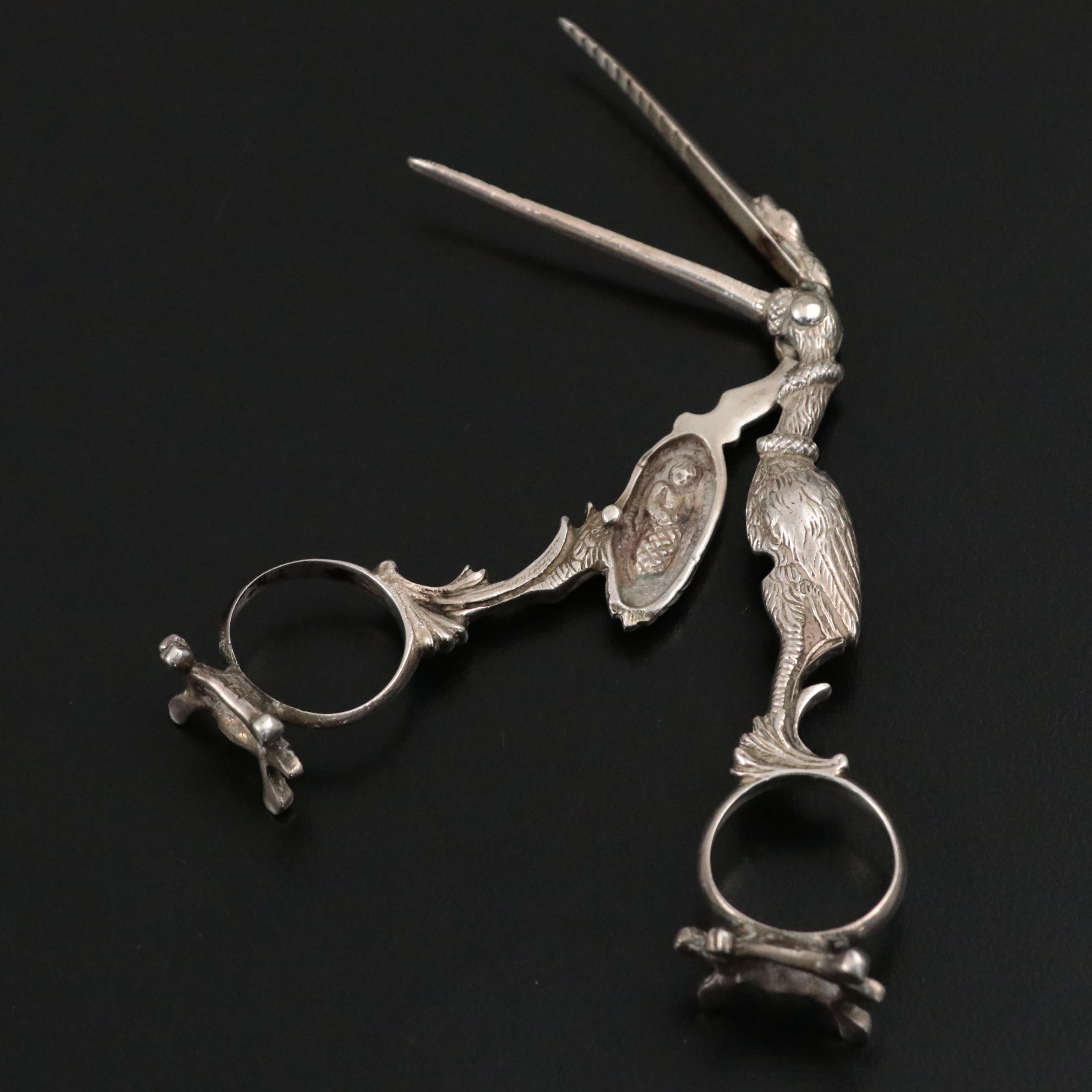 European 800 Silver Stork Umbilical Clamp, 19th Century