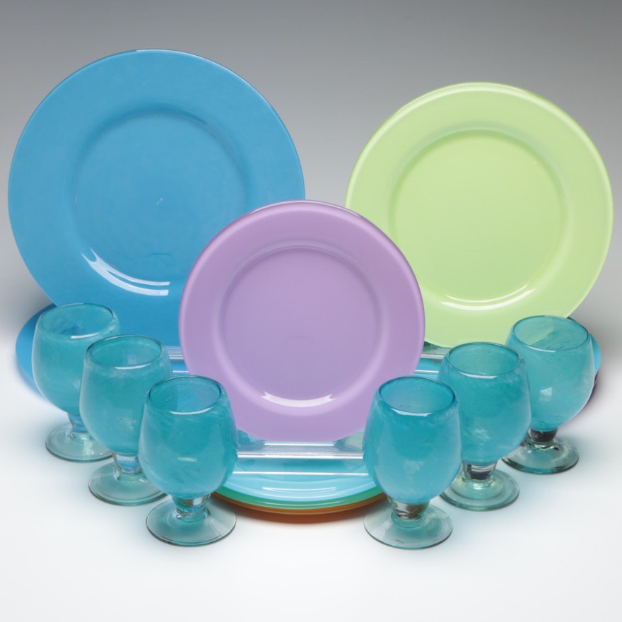 Multicolor Glass Dinner Plates, Platters and Water Goblets
