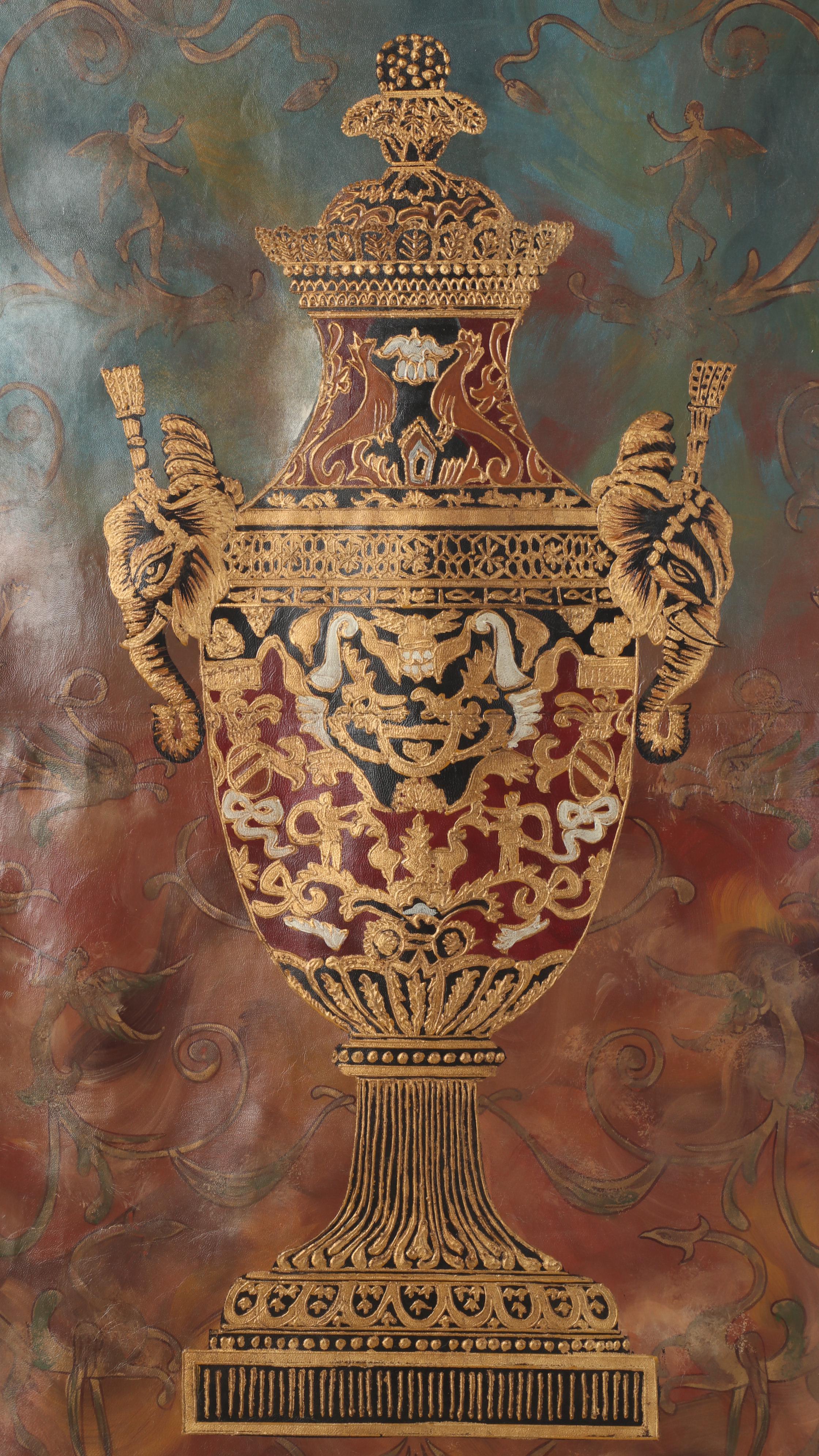 Hand-Painted Leather Wall Scroll, 20th Century