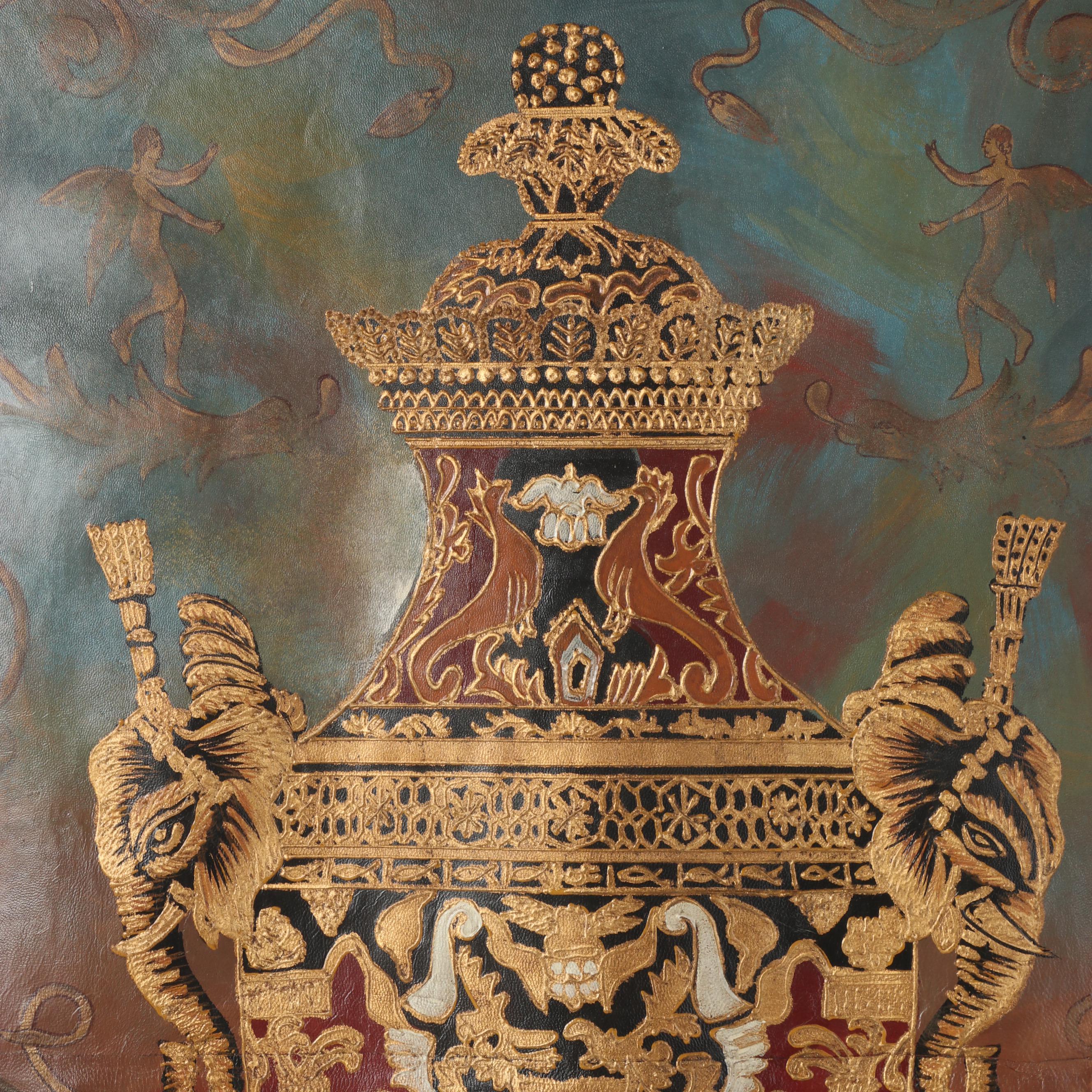 Hand-Painted Leather Wall Scroll, 20th Century