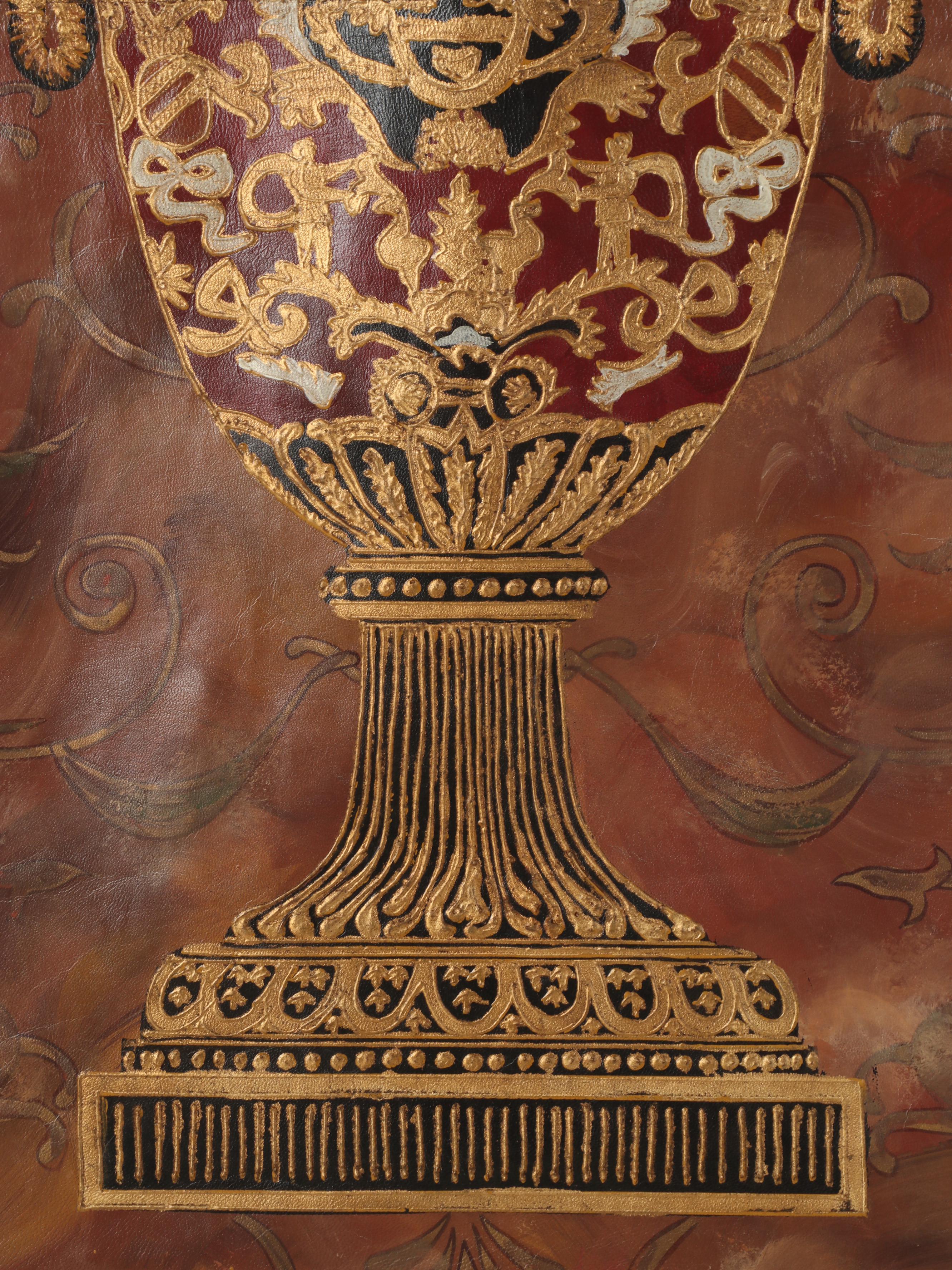 Hand-Painted Leather Wall Scroll, 20th Century