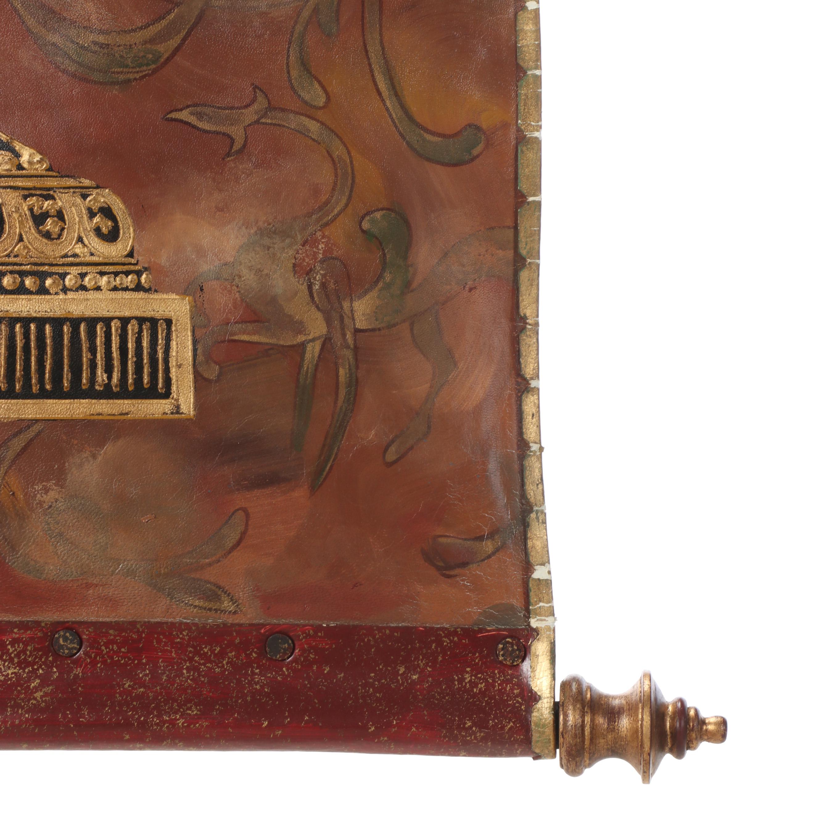 Hand-Painted Leather Wall Scroll, 20th Century