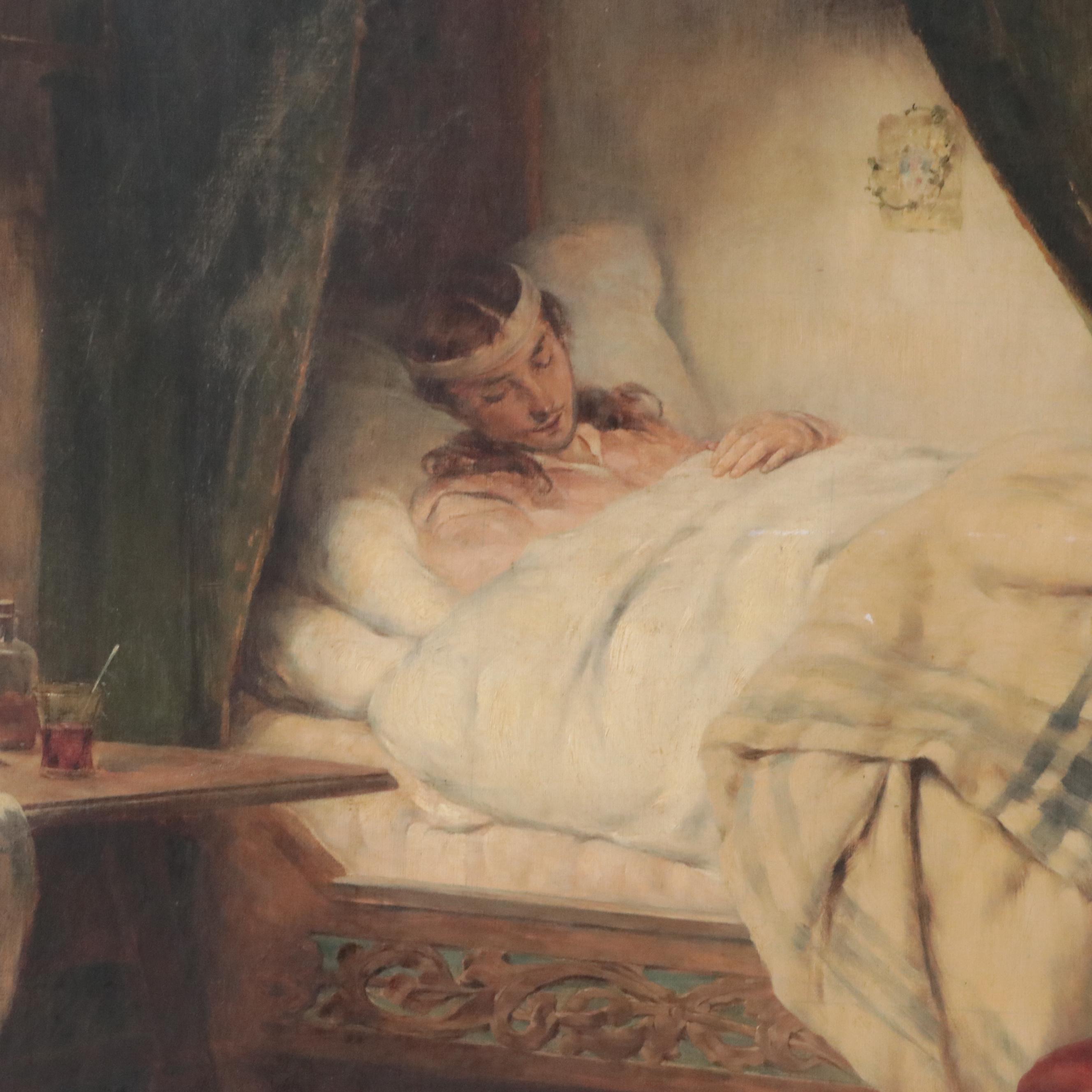 Large-Scale Victorian Genre Oil Painting of Ailing Soldier, Late 19th Century