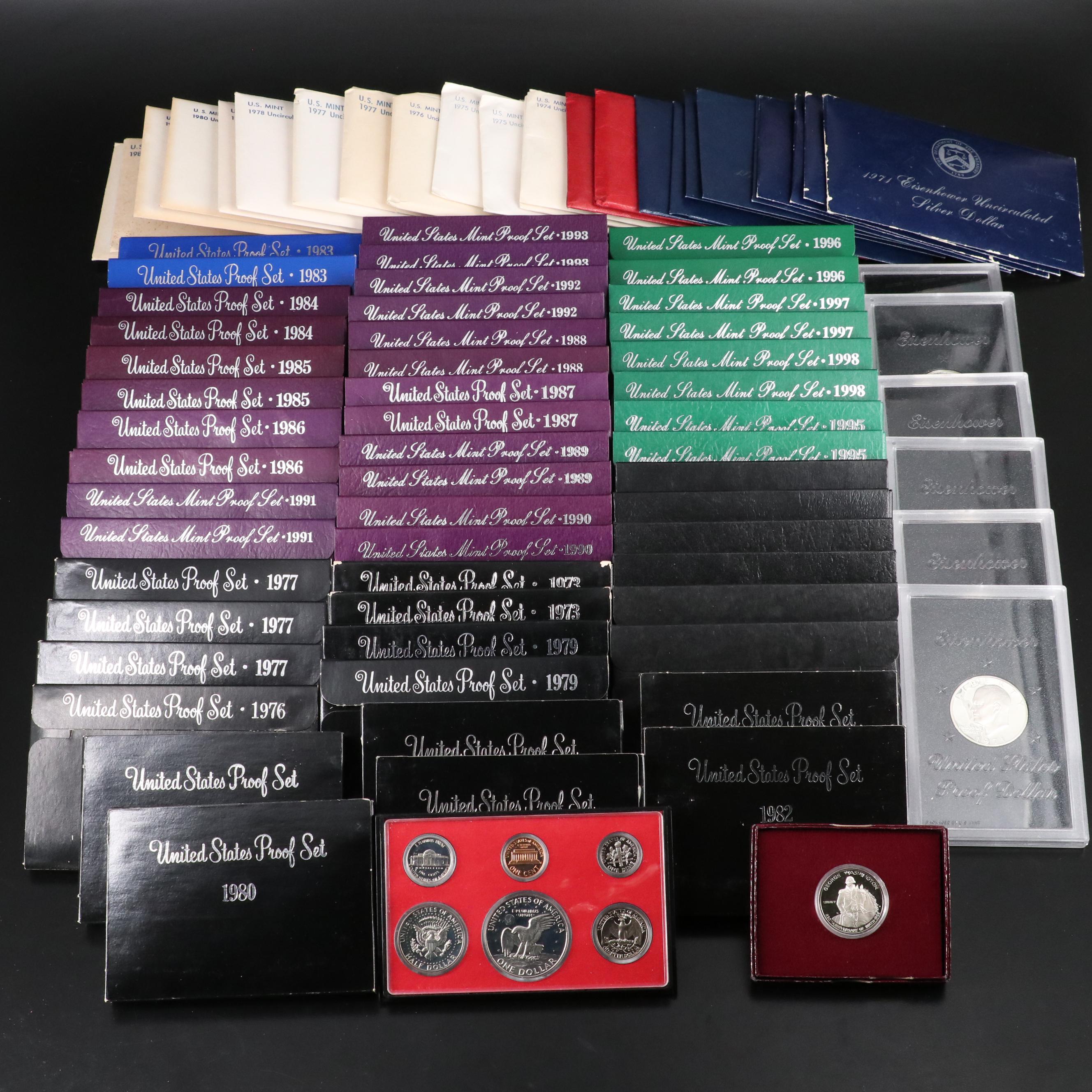 Collection of Eighty-Two U.S. Proof Sets, Mint Sets, and Eisenhower Dollars
