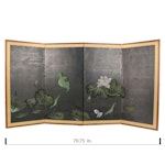 East Asian Folding Screen With Watercolor Painting of Water Lilies