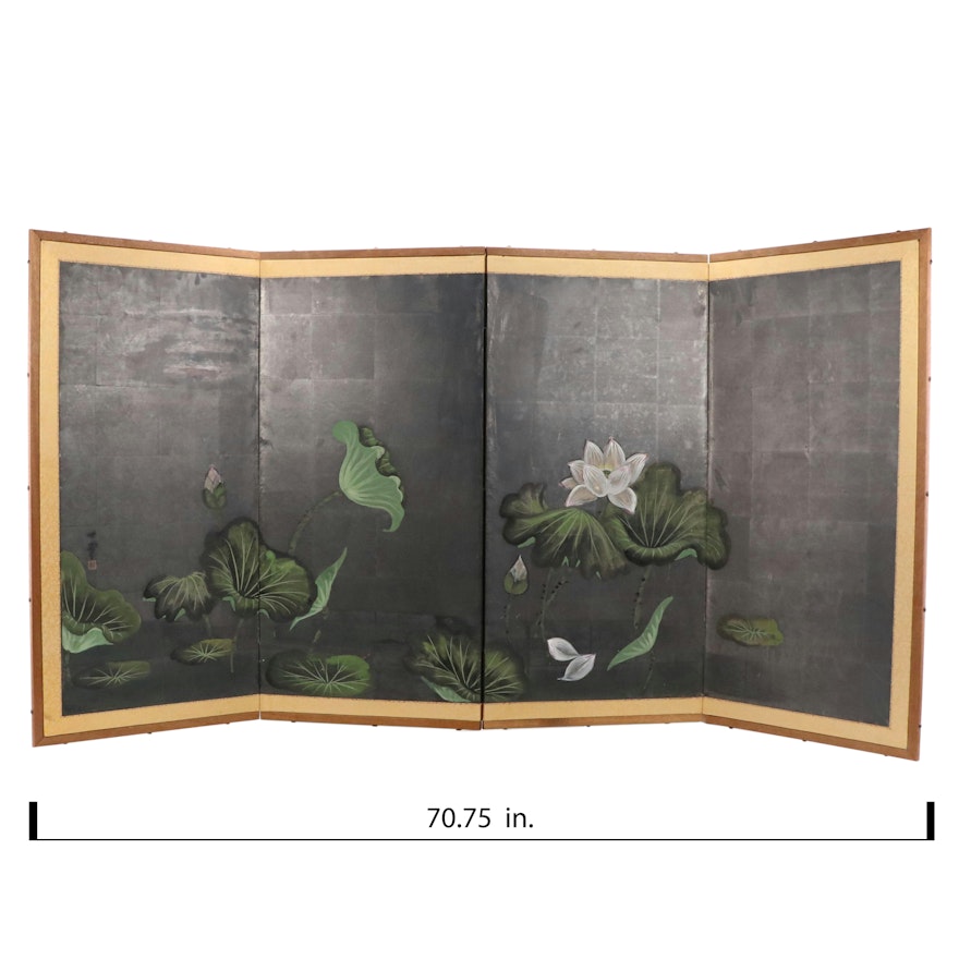 East Asian Folding Screen With Watercolor Painting of Water Lilies