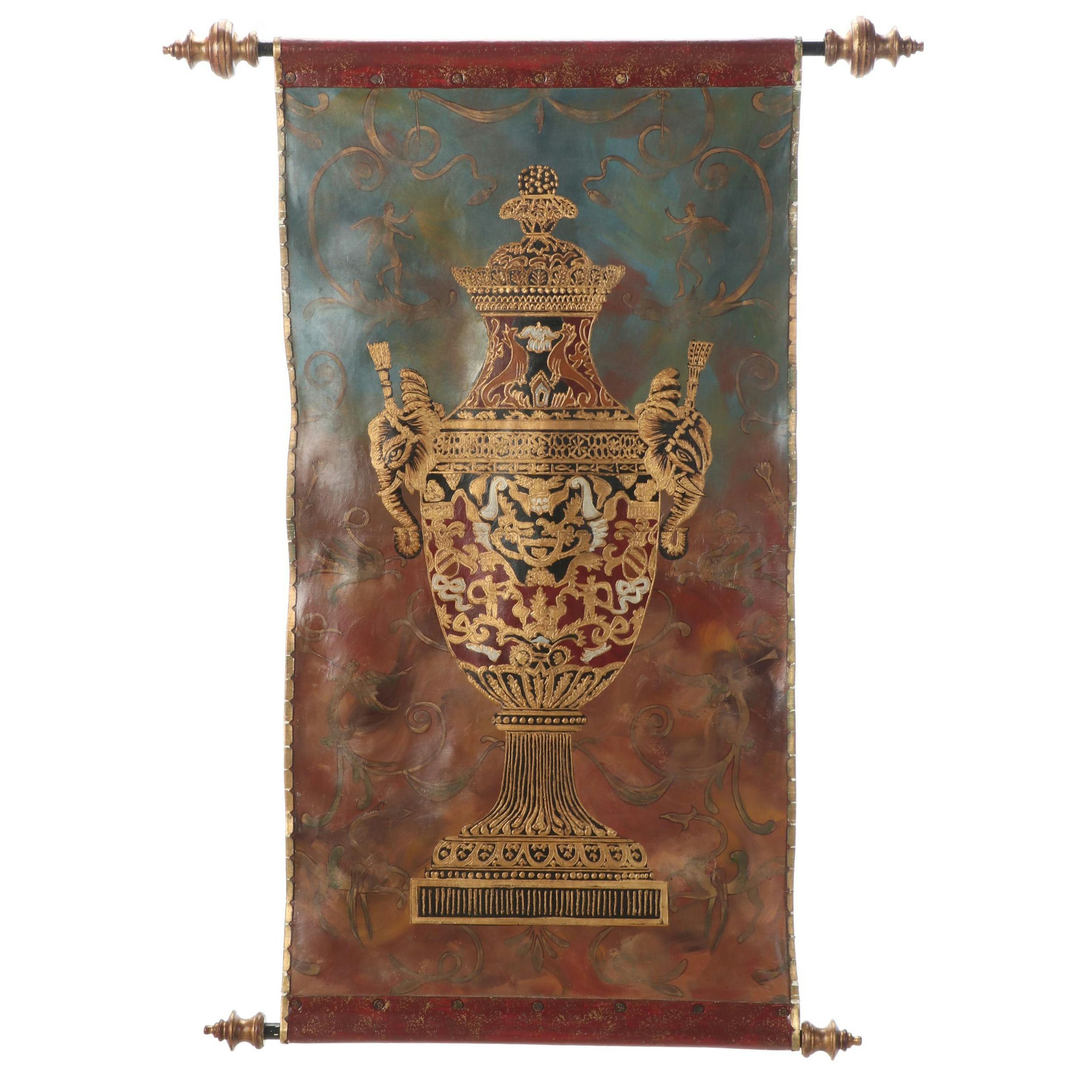 Hand-Painted Leather Wall Scroll, 20th Century