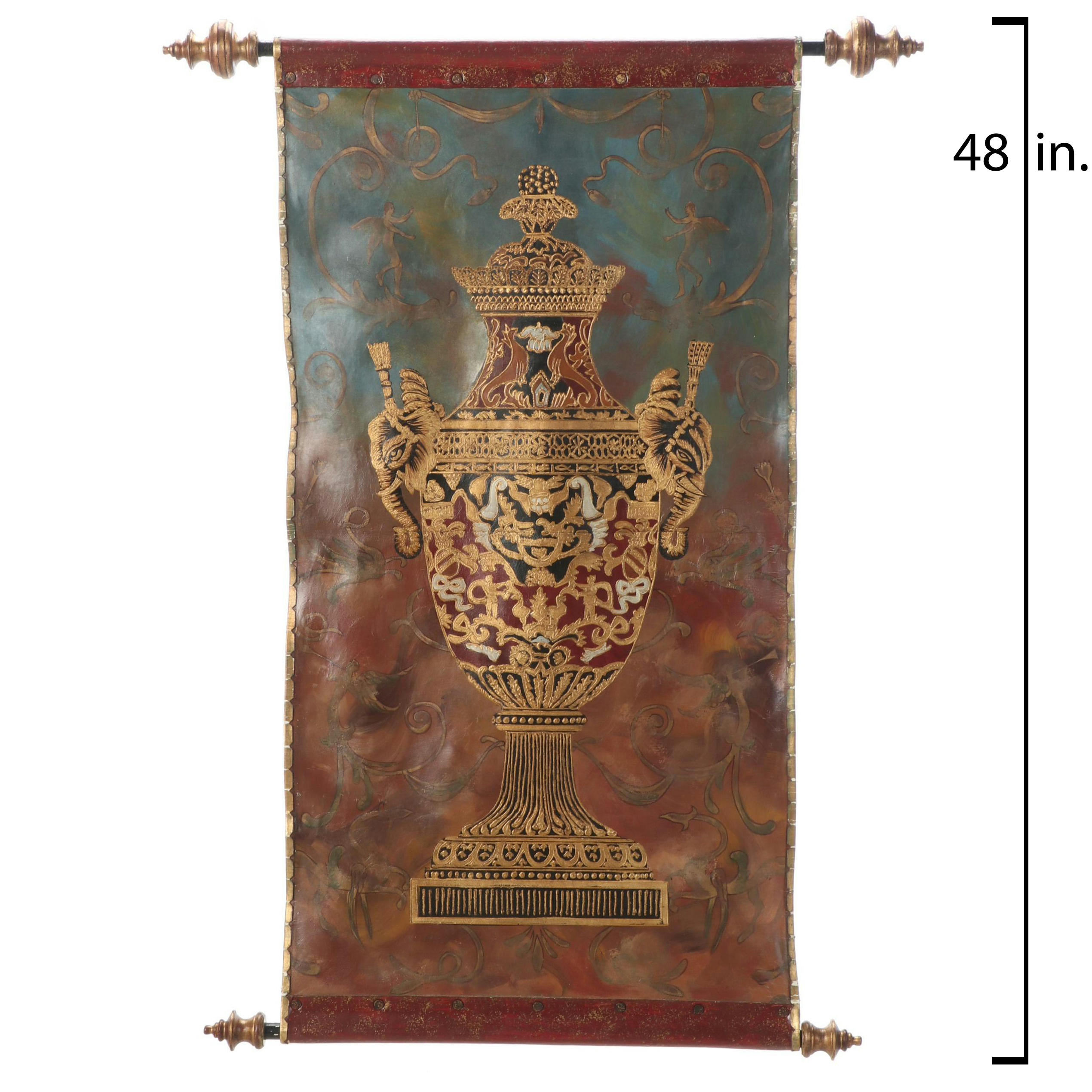 Hand-Painted Leather Wall Scroll, 20th Century