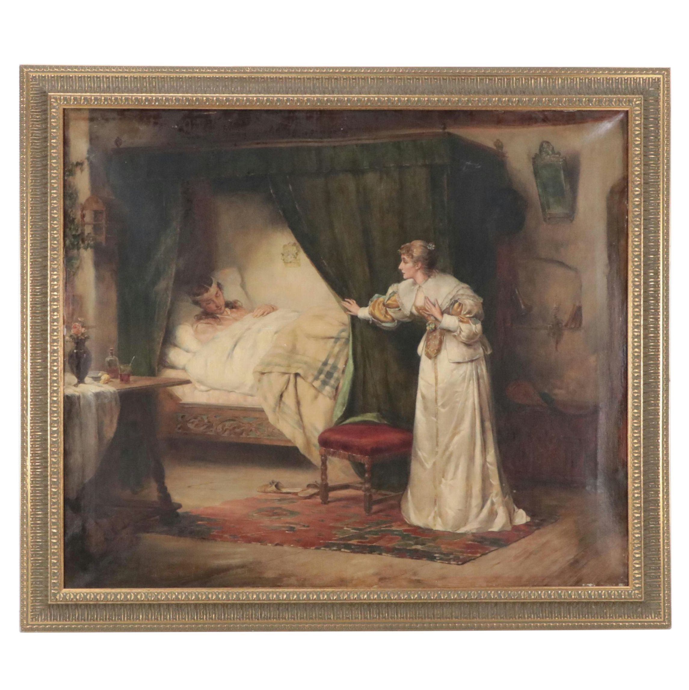 Large-Scale Victorian Genre Oil Painting of Ailing Soldier, Late 19th Century