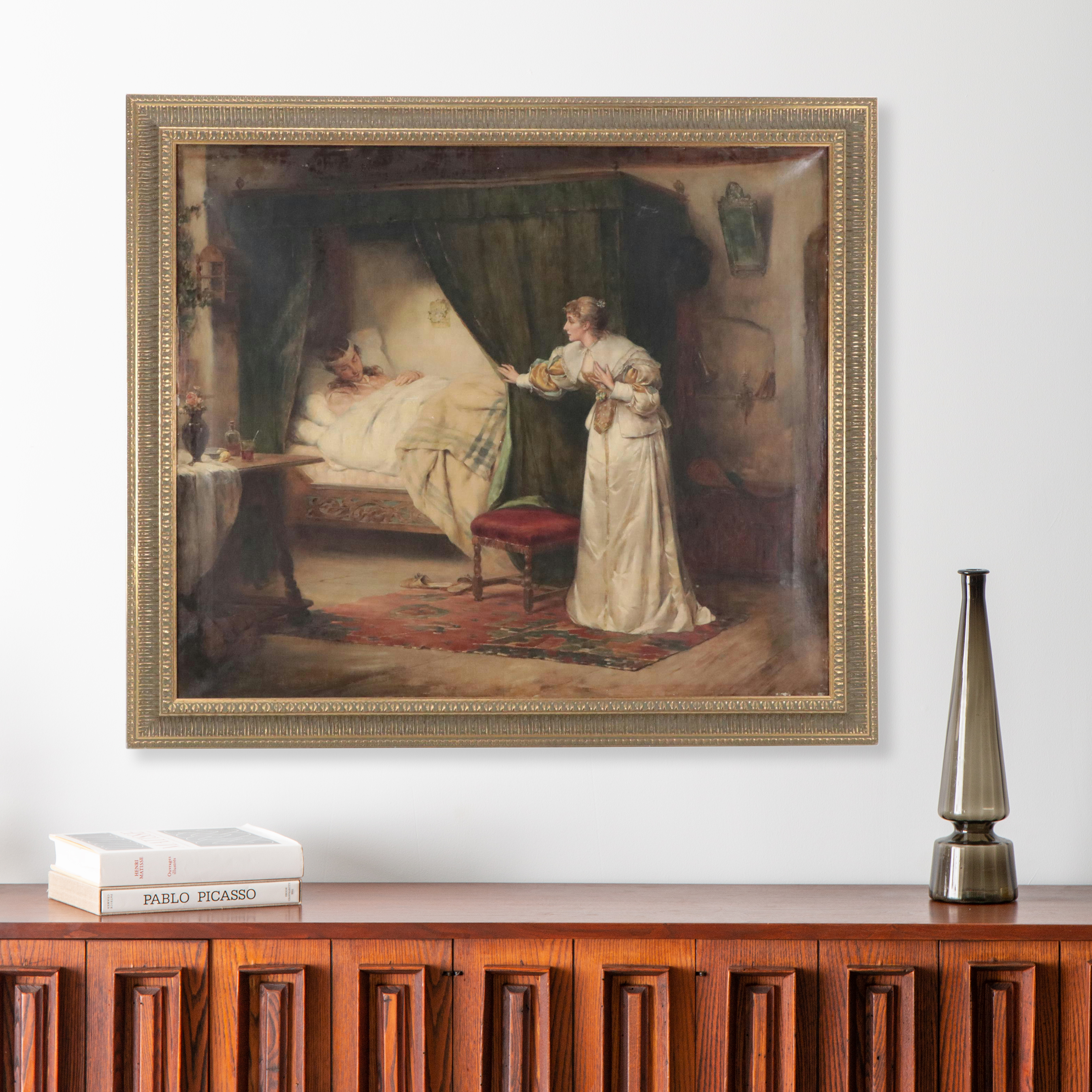 Large-Scale Victorian Genre Oil Painting of Ailing Soldier, Late 19th Century