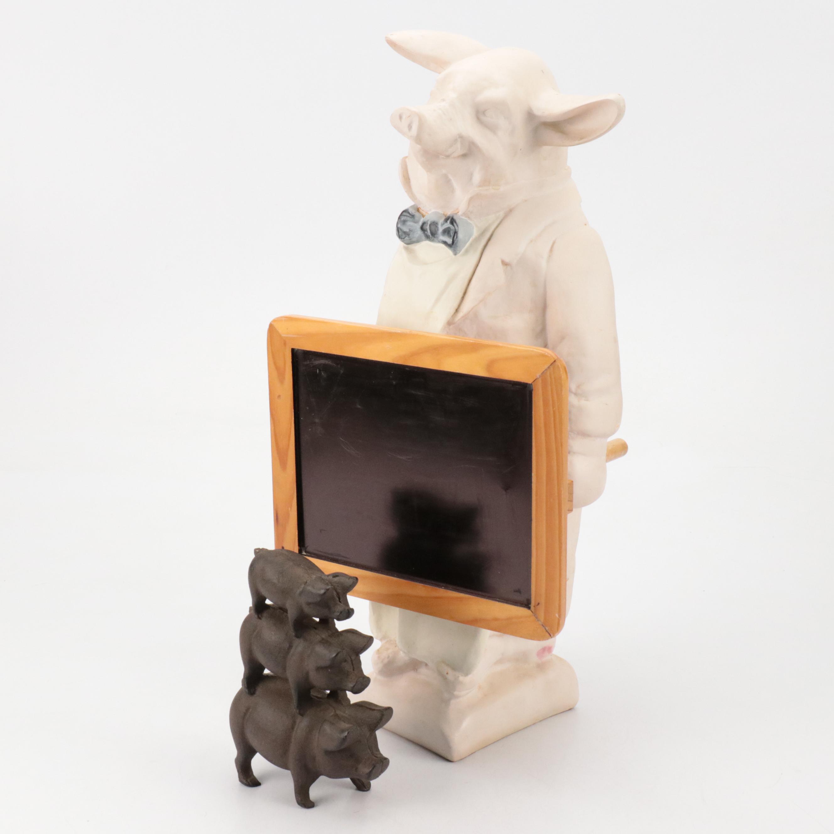 Pig Composite Chalkboard Figure with Trio Pig Cast Iron Figurine