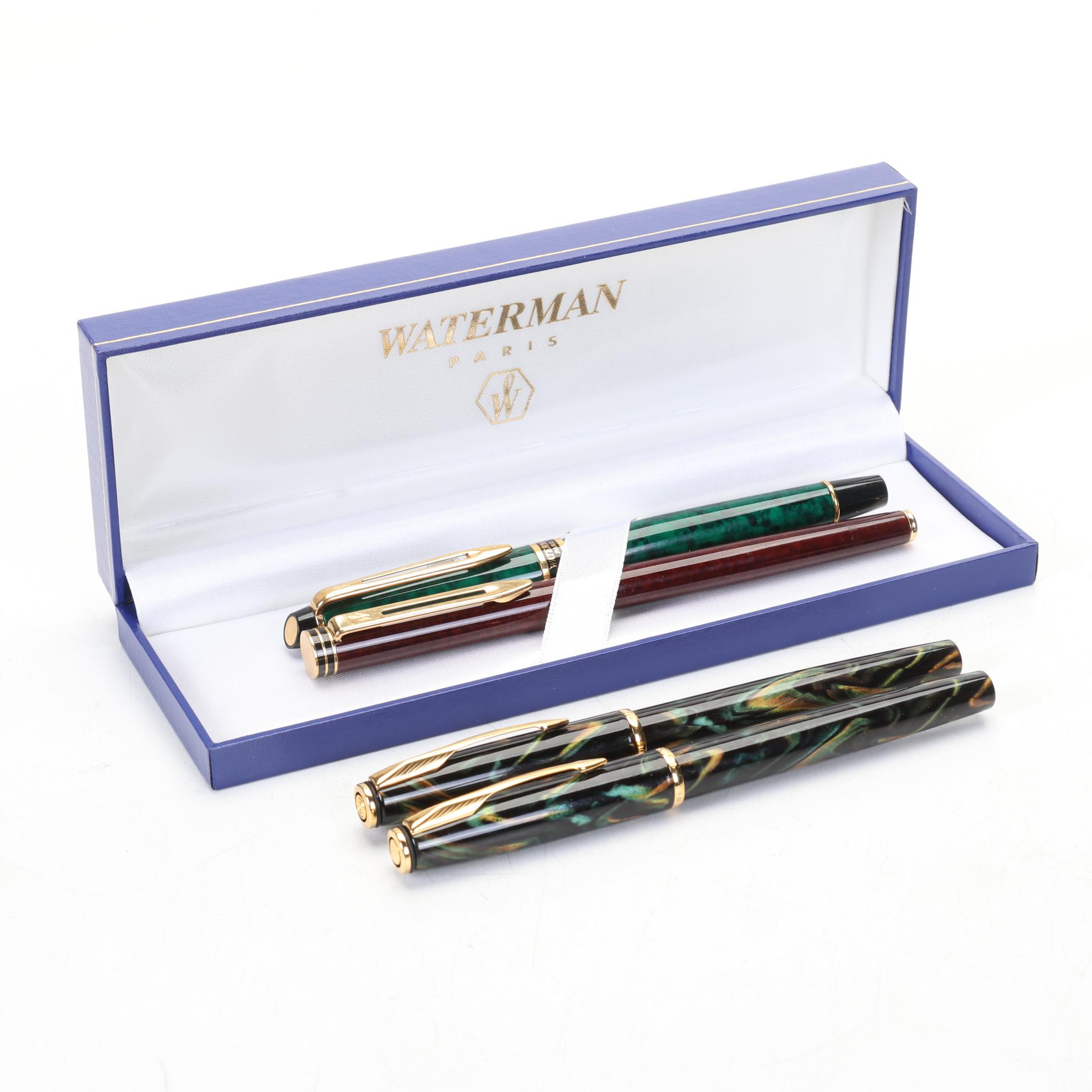 Two Waterman Fountain Pens and Parker Insignia Fountain and Ballpoint Pens