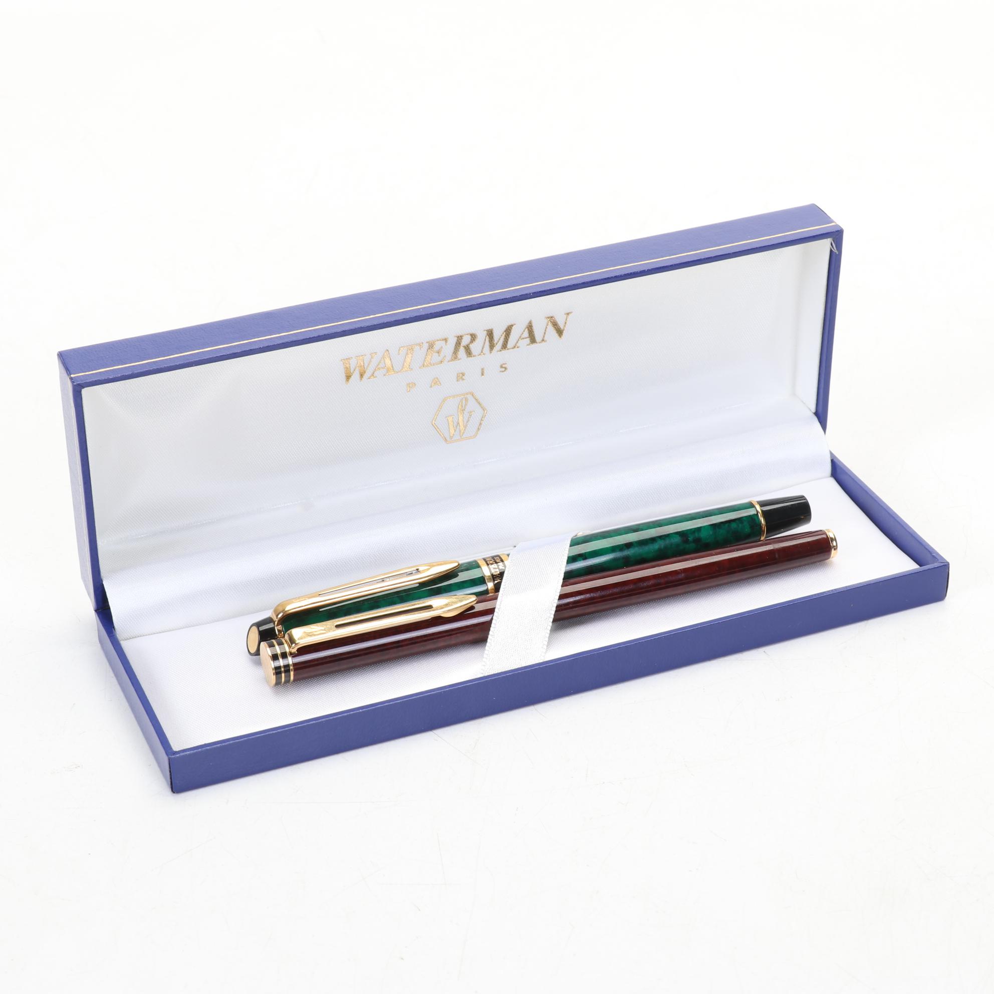 Two Waterman Fountain Pens and Parker Insignia Fountain and Ballpoint Pens