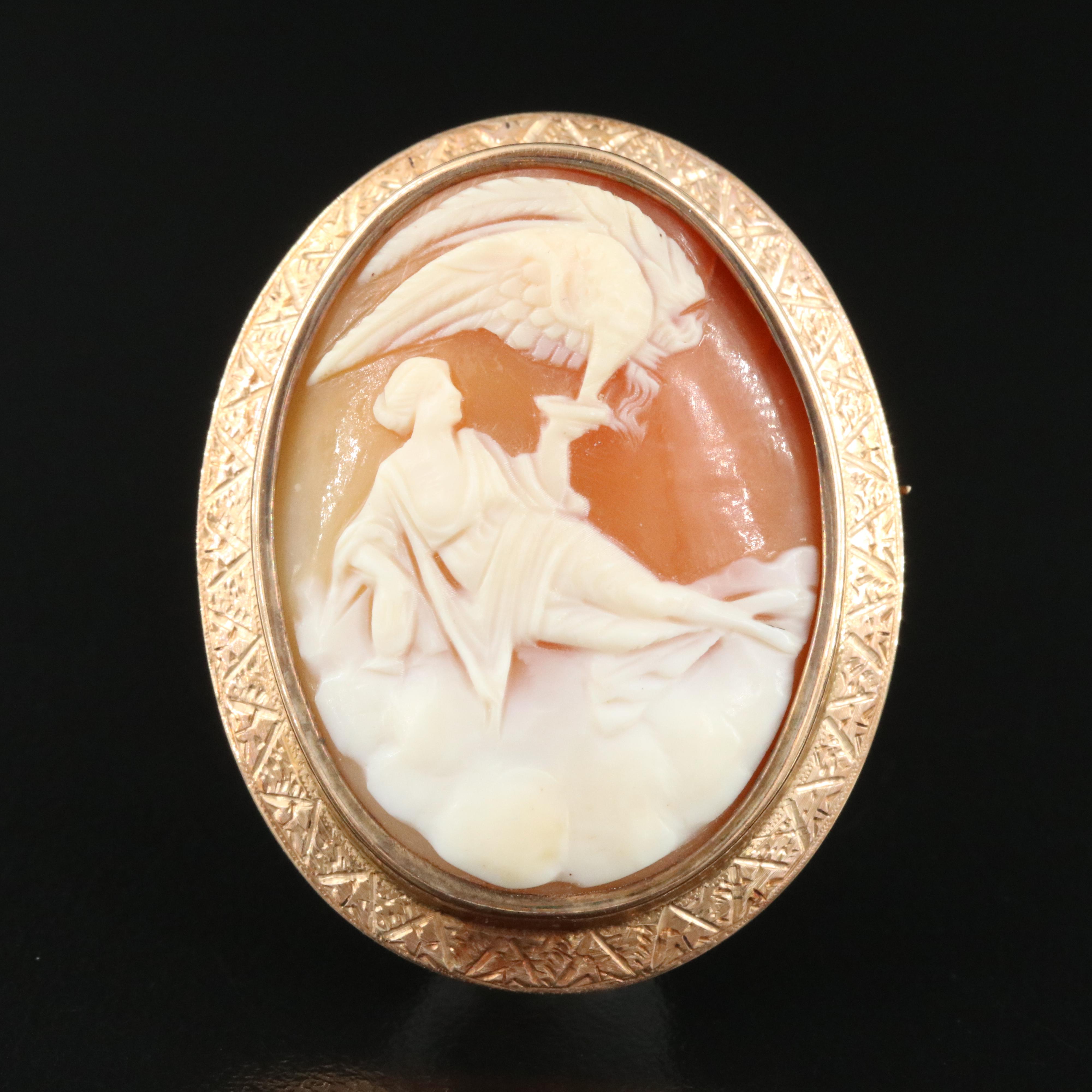 14K Leda and the Swan Shell Cameo Converter Brooch
