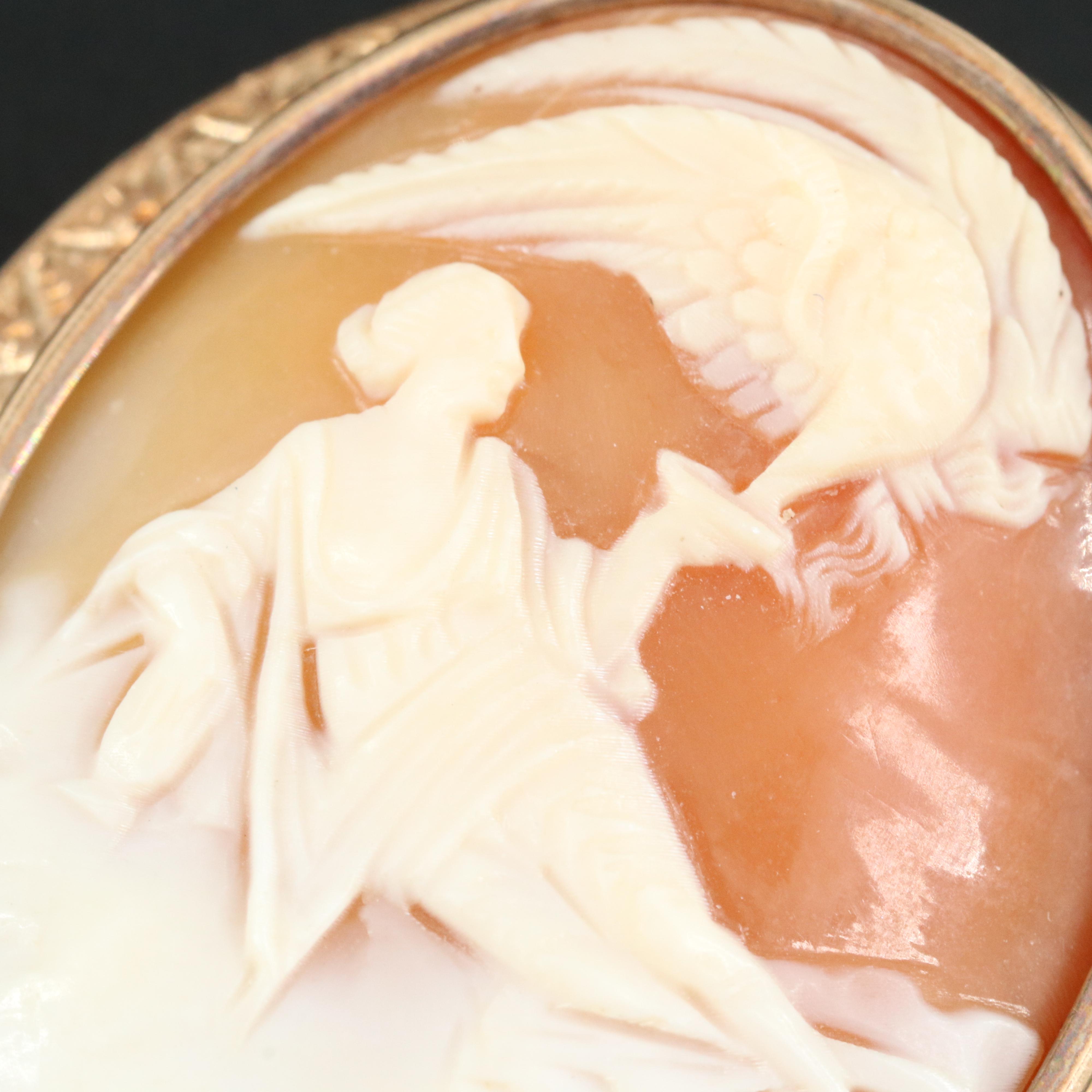 14K Leda and the Swan Shell Cameo Converter Brooch