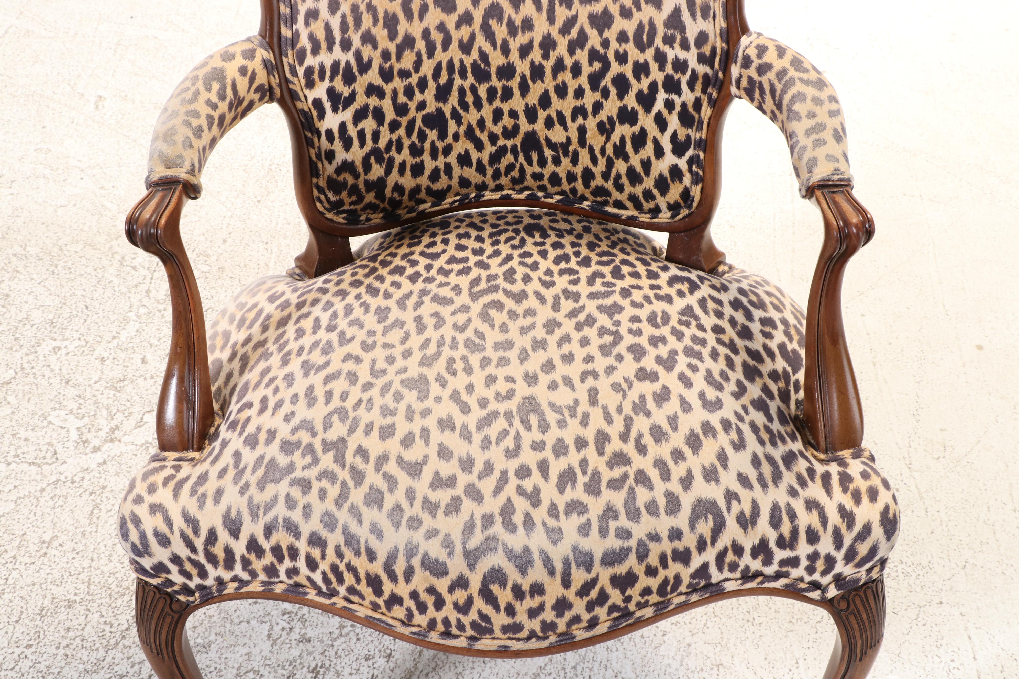 Louis XV Style Mahogany and Leopard Print Fauteuil, Late 20th Century