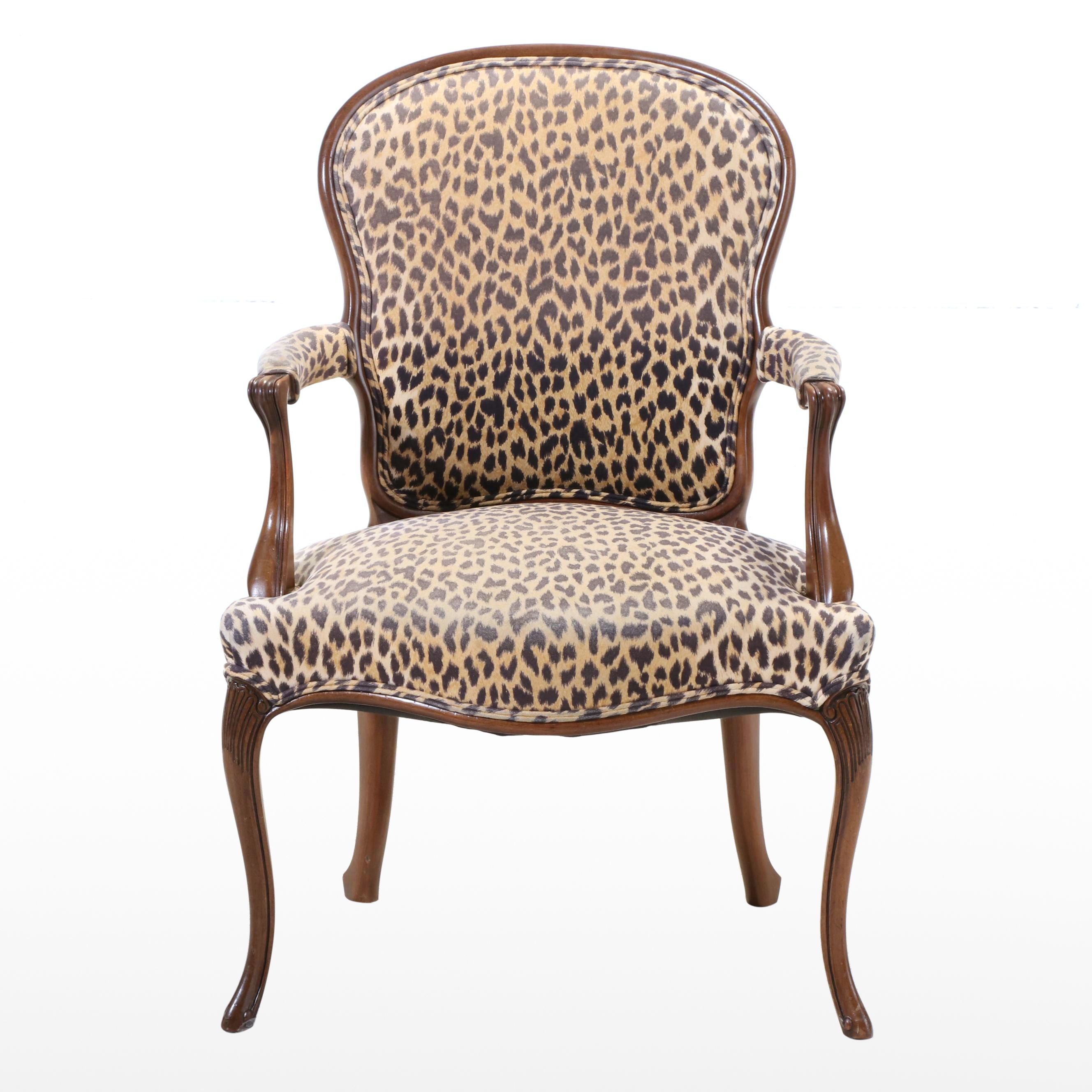 Louis XV Style Mahogany and Leopard Print Fauteuil, Late 20th Century