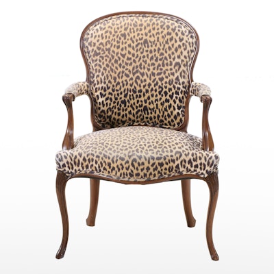 Louis XV Style Mahogany and Leopard Print Fauteuil, Late 20th Century