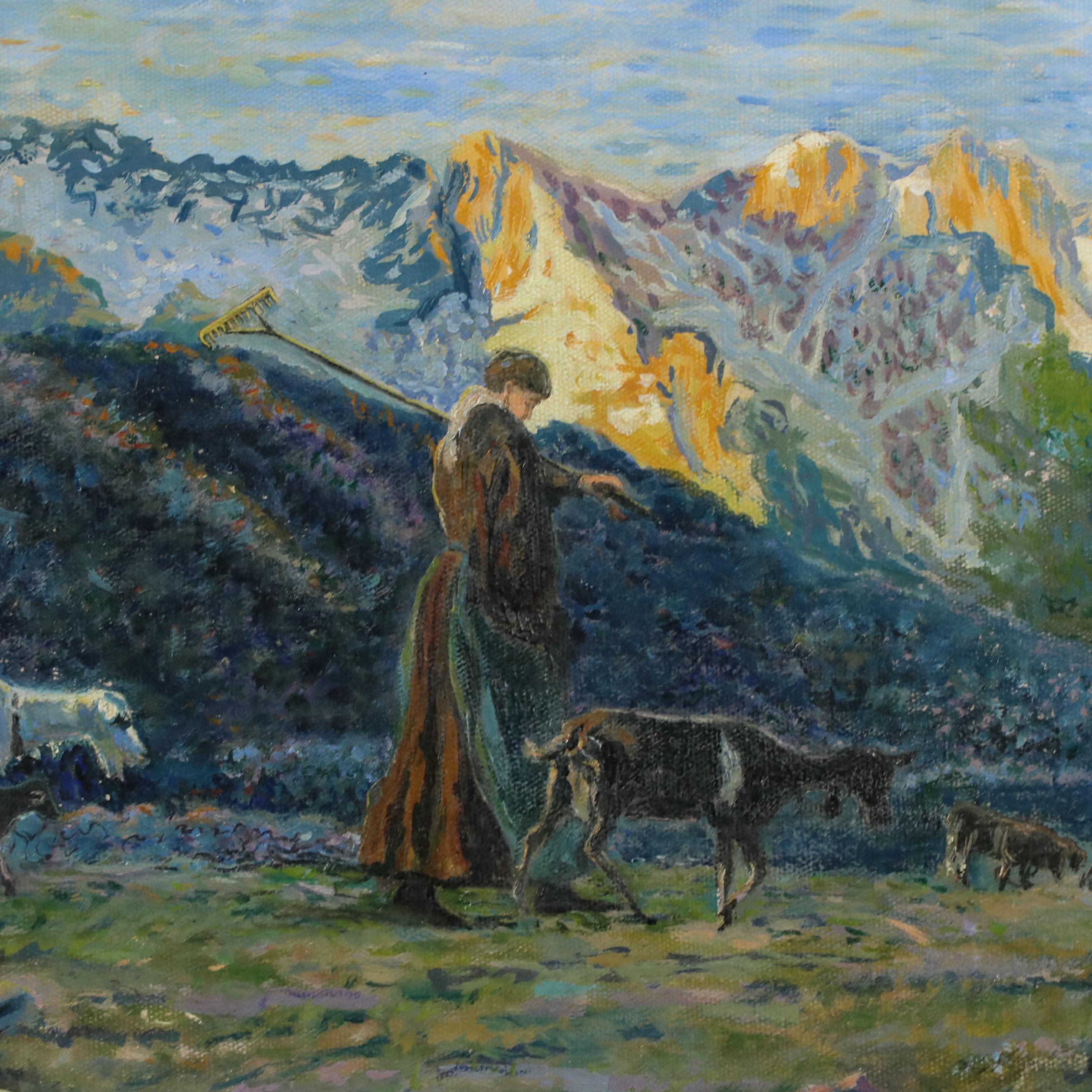 Rena Victoria Rockwell Oil Painting of Alpine Pastoral Landscape, 1930