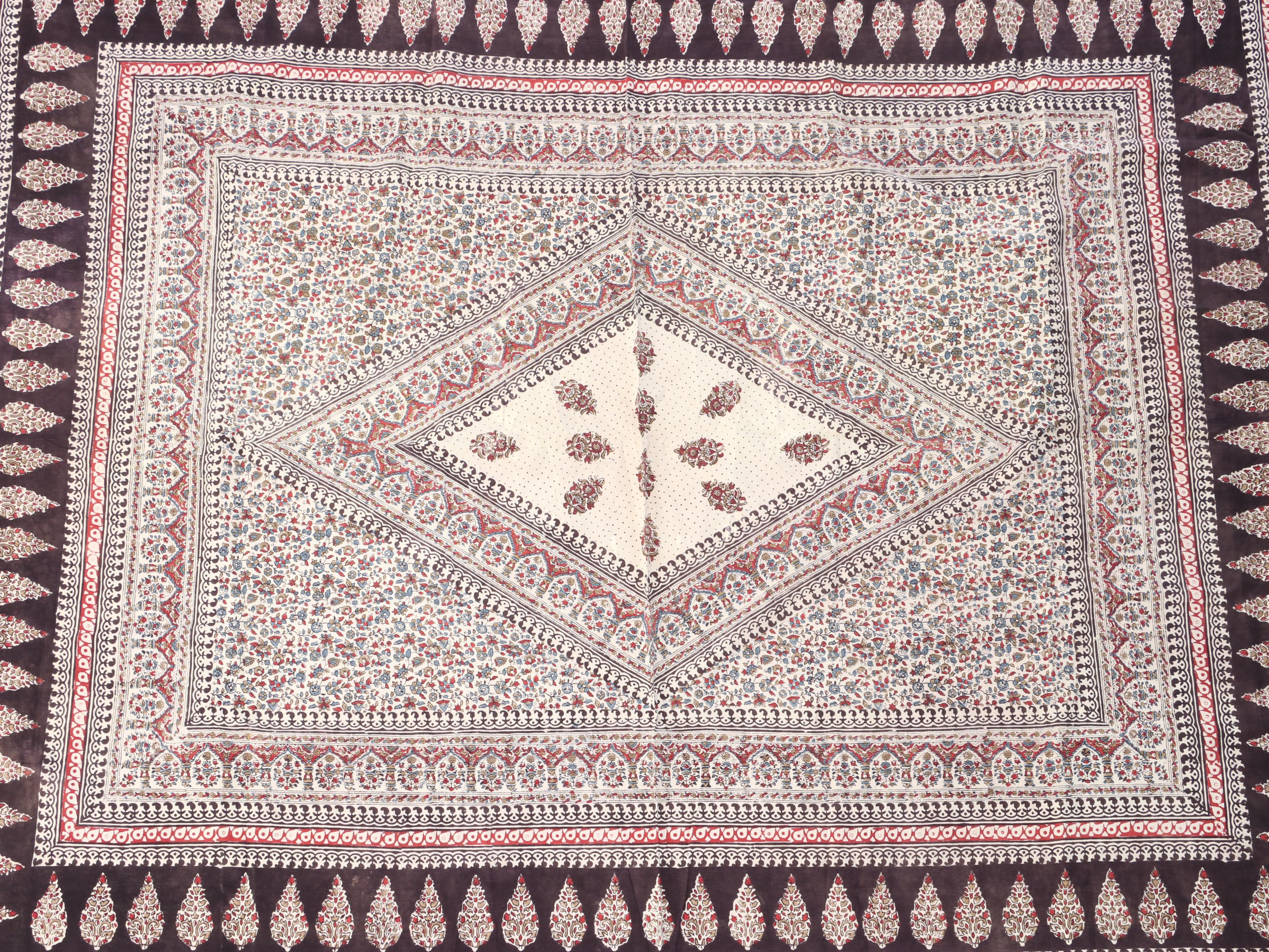 Handmade South Asian Screen Printed Cotton Textile Coverlet, Other Woven Textile