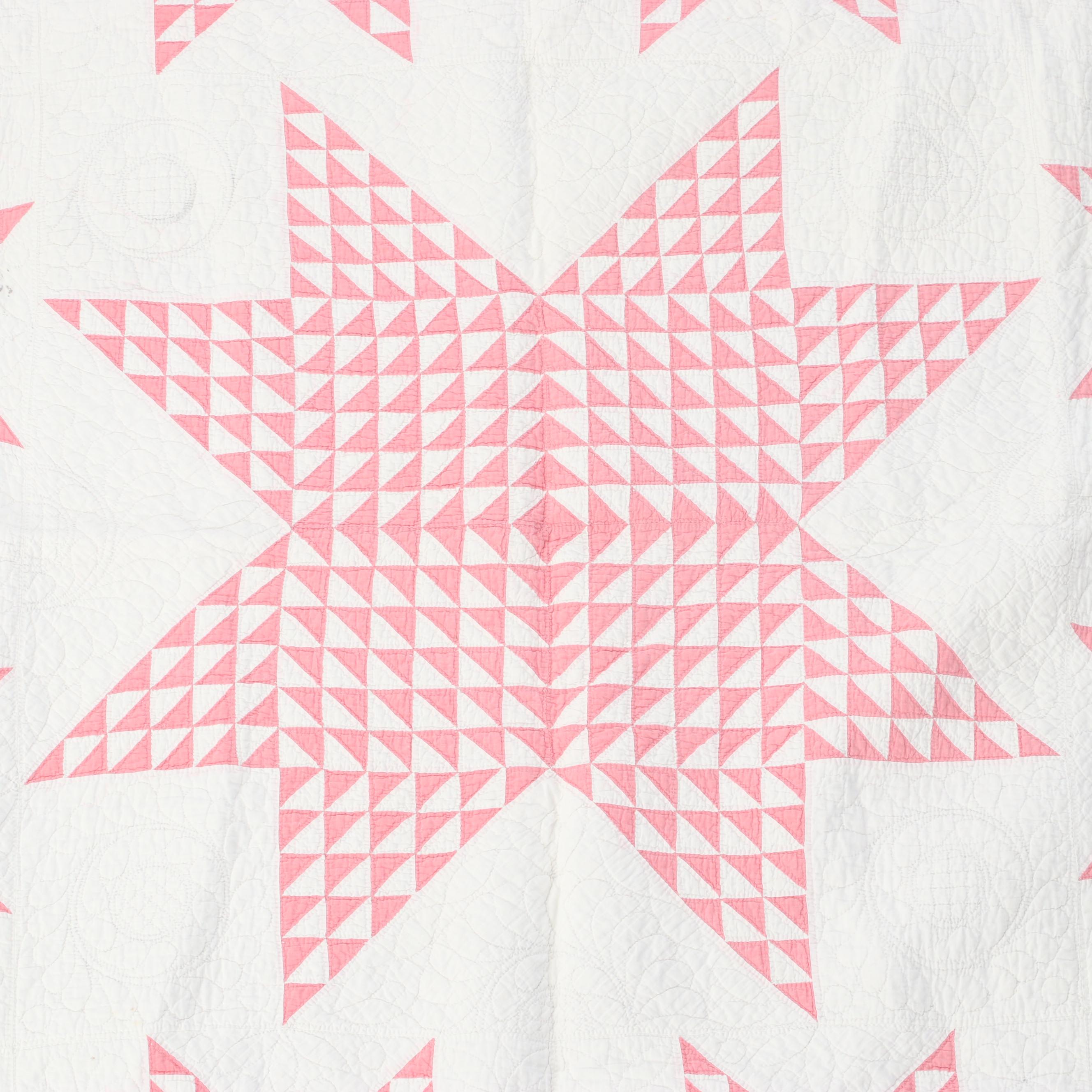 Hand-Pieced White and Pink Eight Point Star Quilt