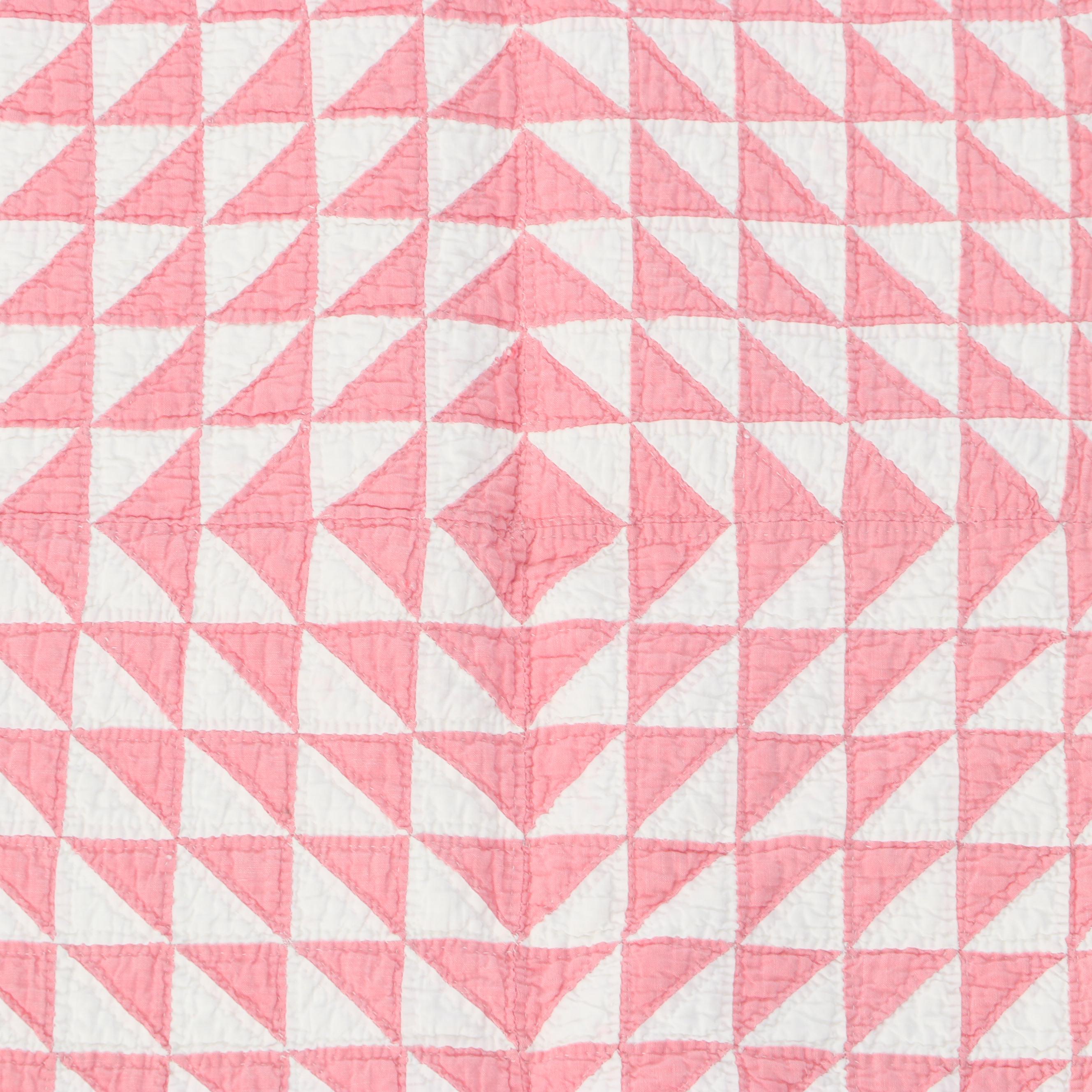 Hand-Pieced White and Pink Eight Point Star Quilt