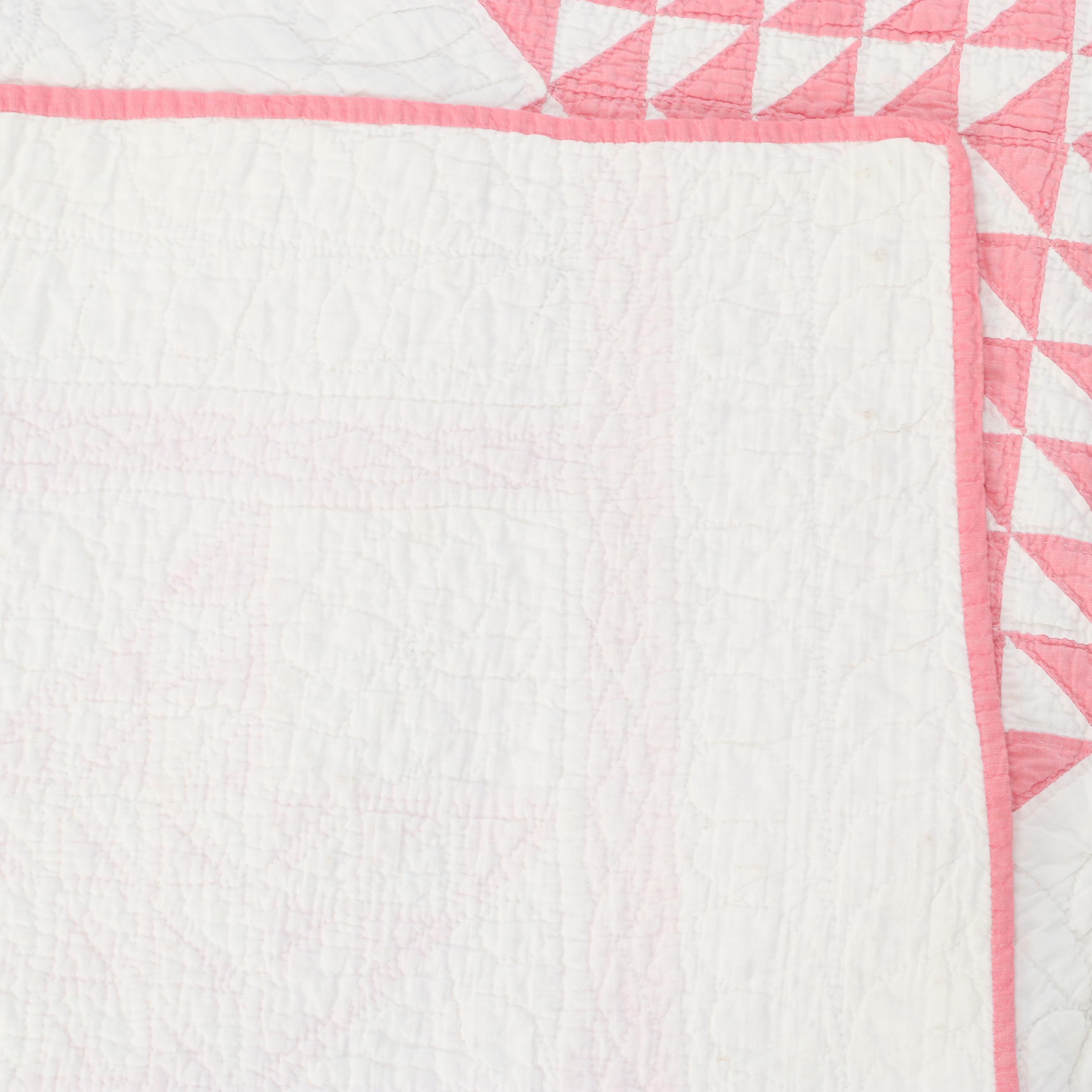 Hand-Pieced White and Pink Eight Point Star Quilt
