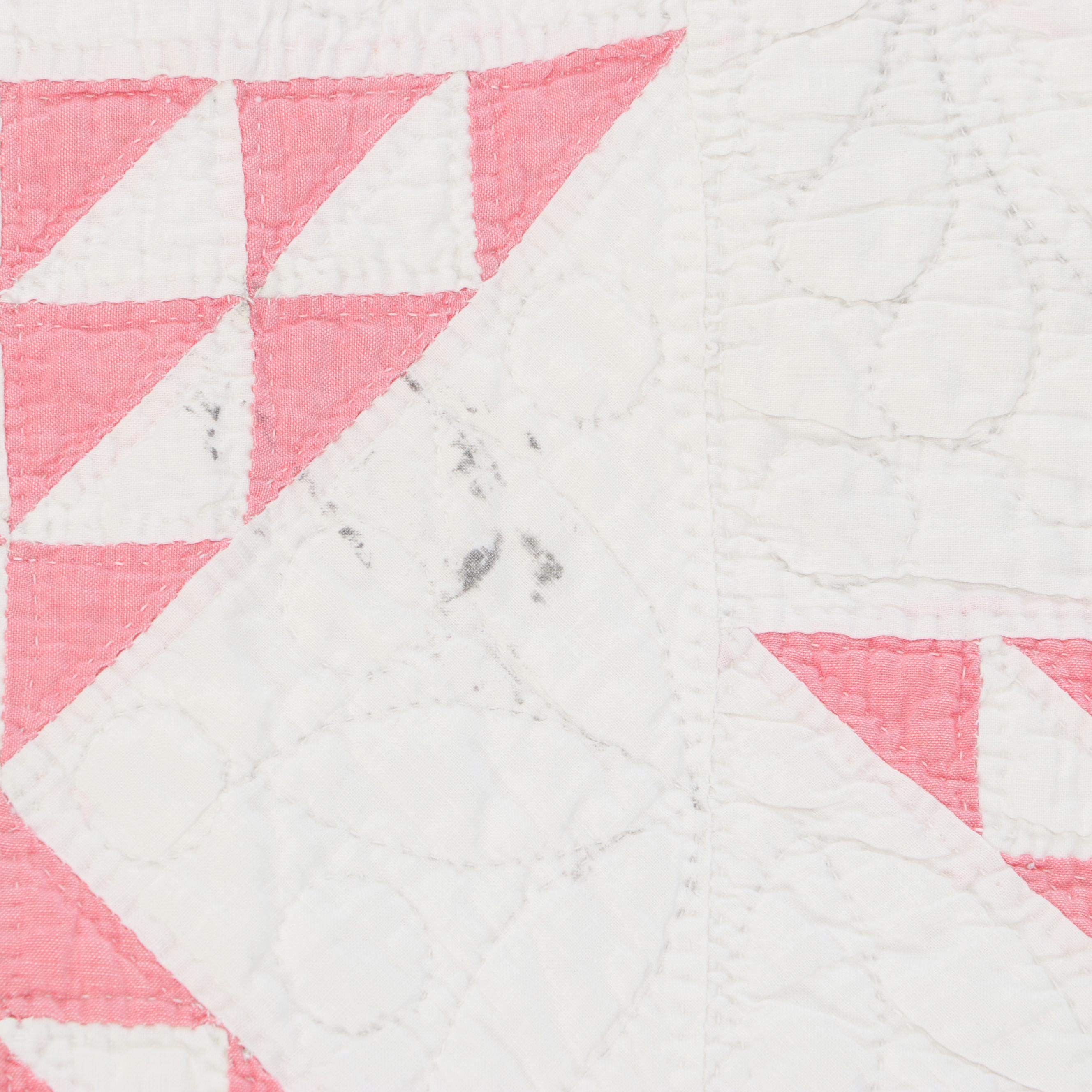 Hand-Pieced White and Pink Eight Point Star Quilt