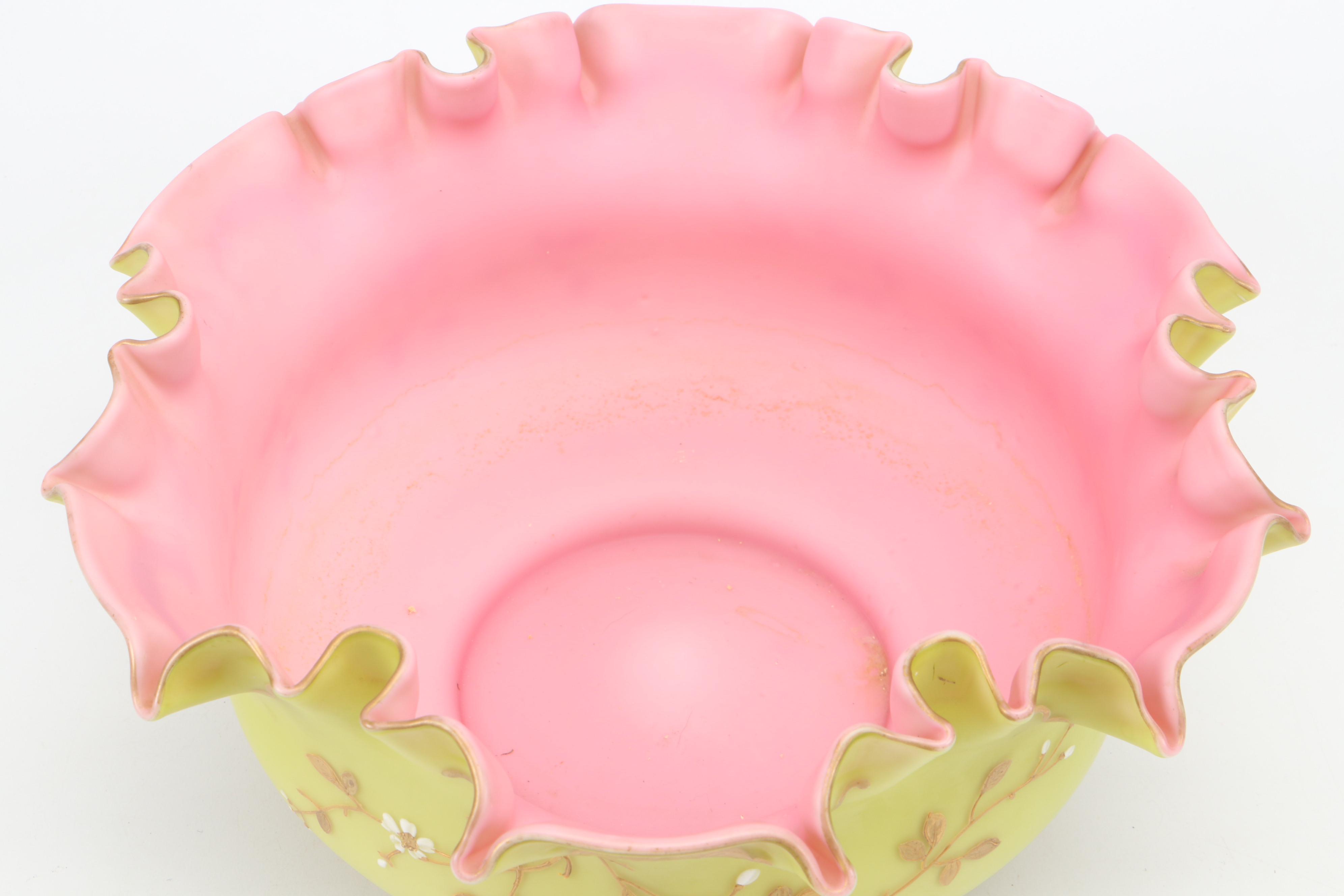Victorian Pink and Chartreuse Satin Glass Bowl with Hand-Painted Enamel Accents