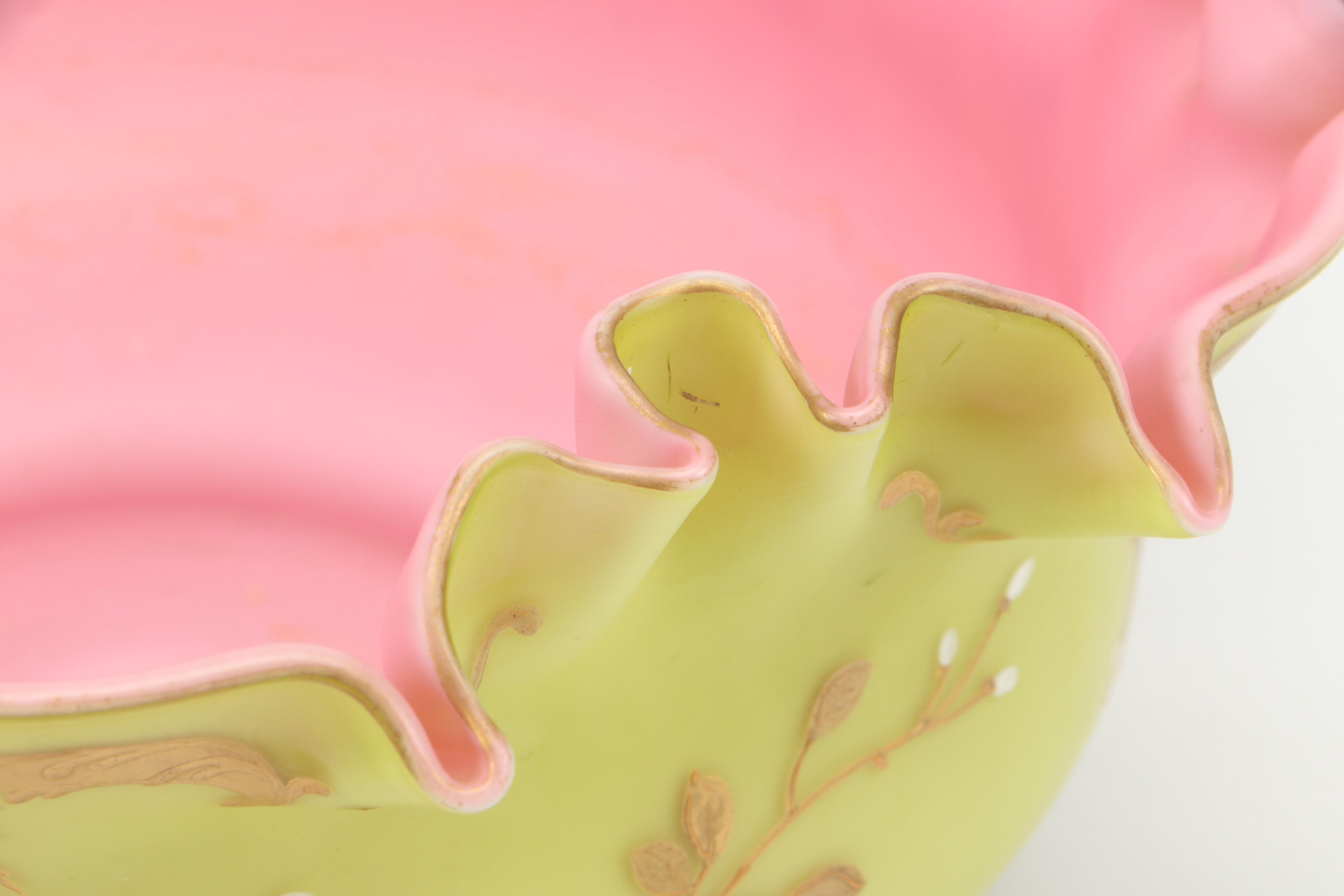 Victorian Pink and Chartreuse Satin Glass Bowl with Hand-Painted Enamel Accents