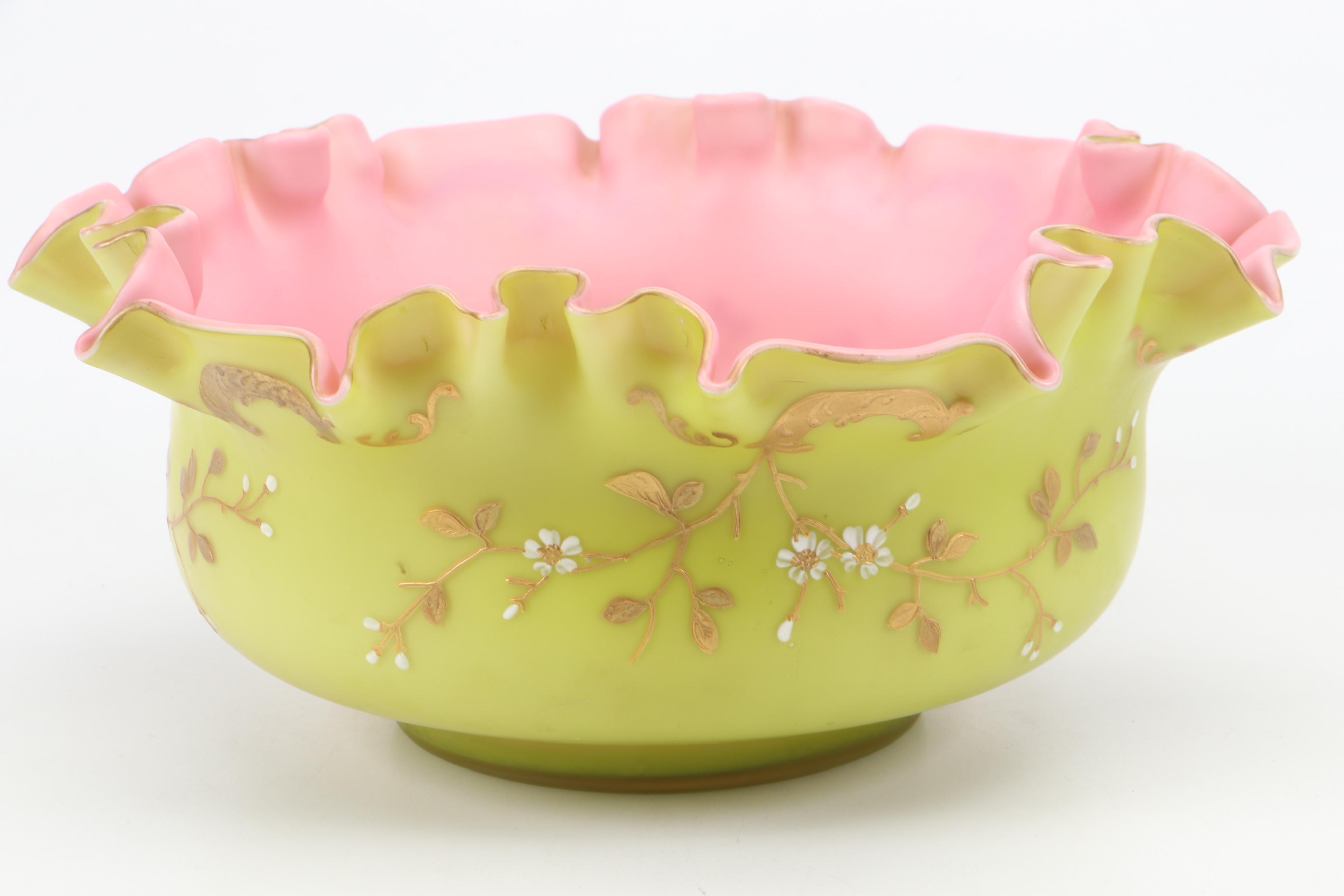 Victorian Pink and Chartreuse Satin Glass Bowl with Hand-Painted Enamel Accents