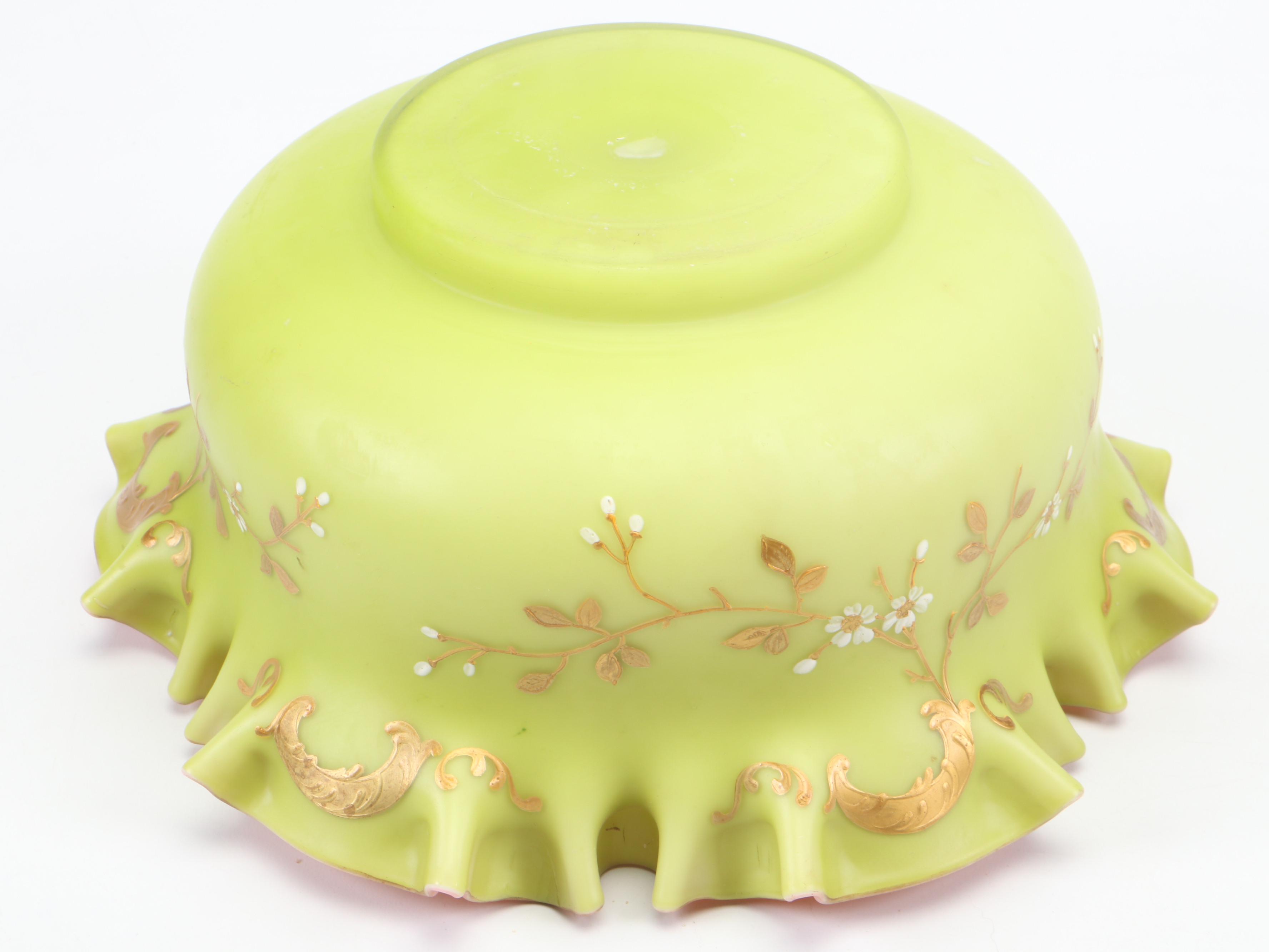 Victorian Pink and Chartreuse Satin Glass Bowl with Hand-Painted Enamel Accents