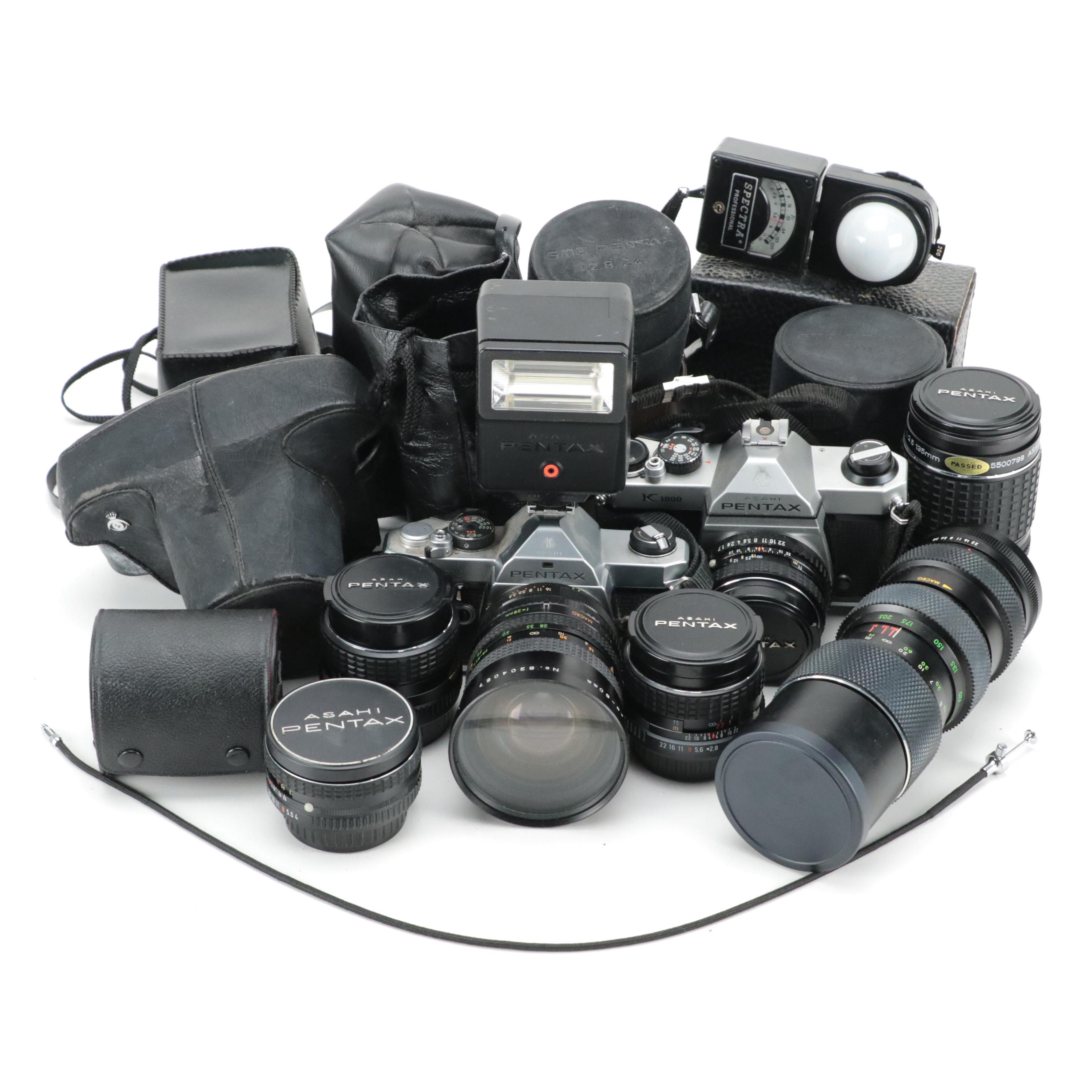 Pentax MX and K1000 Cameras with Lenses, Cases, and More Accessories