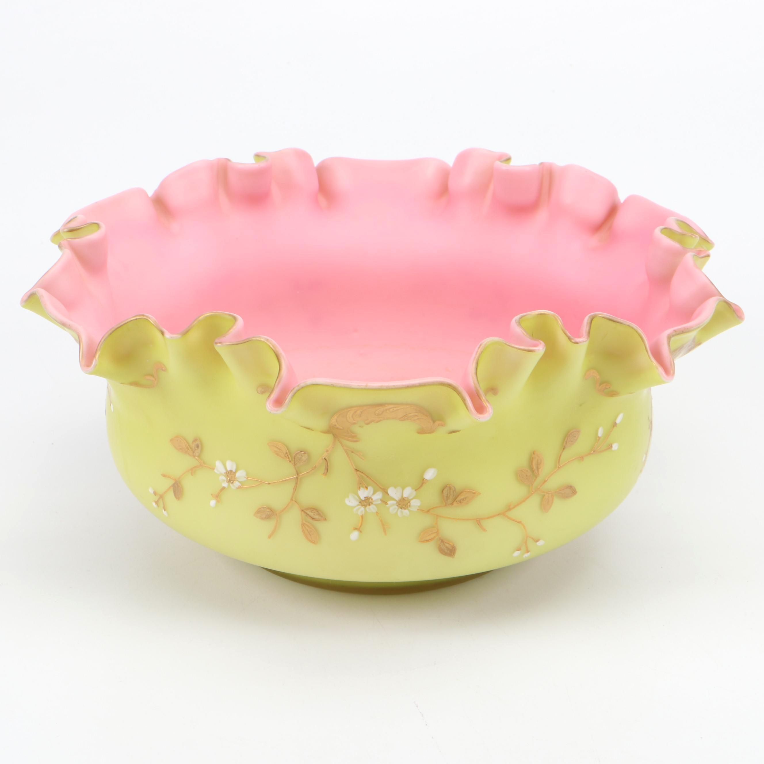 Victorian Pink and Chartreuse Satin Glass Bowl with Hand-Painted Enamel Accents