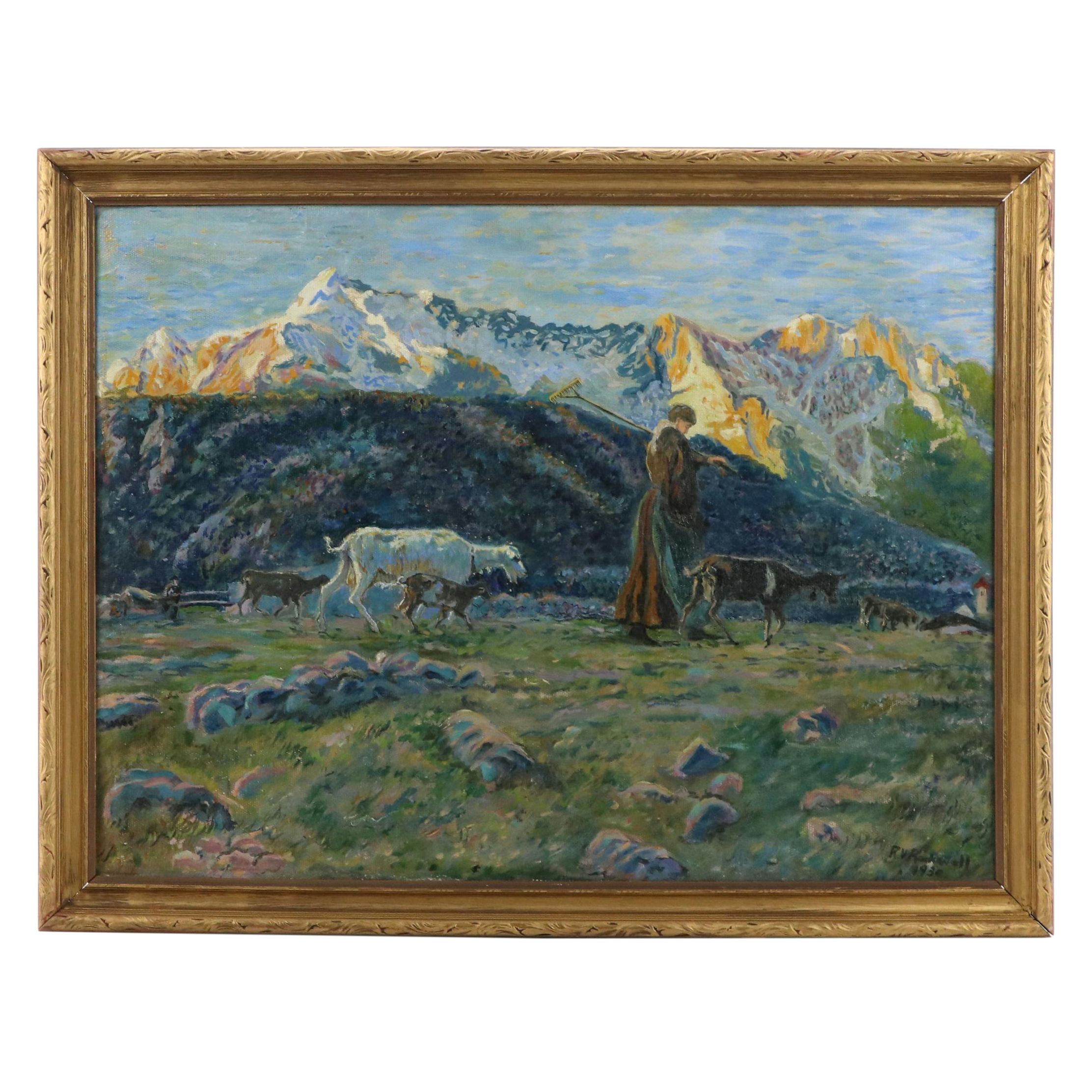 Rena Victoria Rockwell Oil Painting of Alpine Pastoral Landscape, 1930